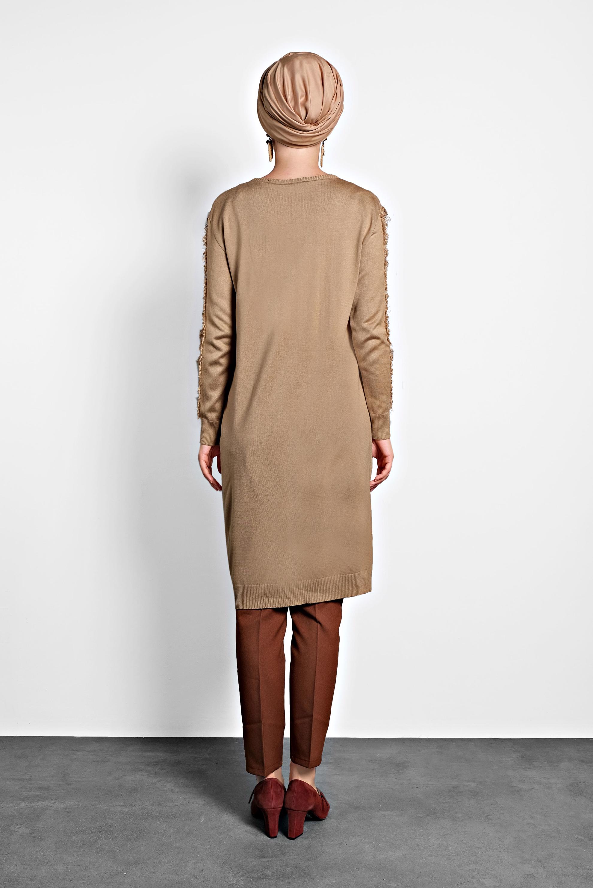 Tesettür giyim KAHVE SAÇAKLI TRİKO TUNİK 40034  