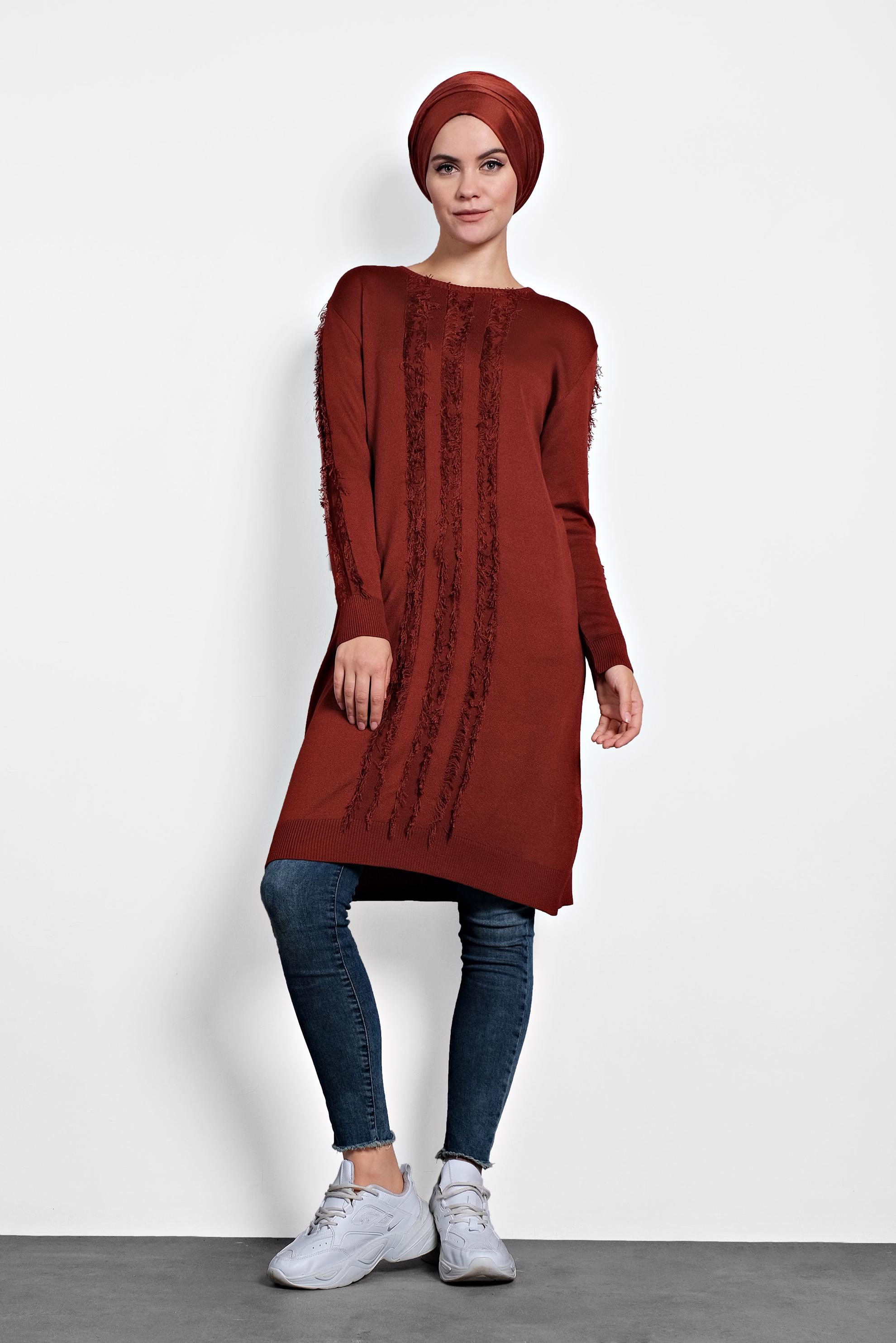 Tesettür giyim TURUNCU SAÇAKLI TRİKO TUNİK 40034  