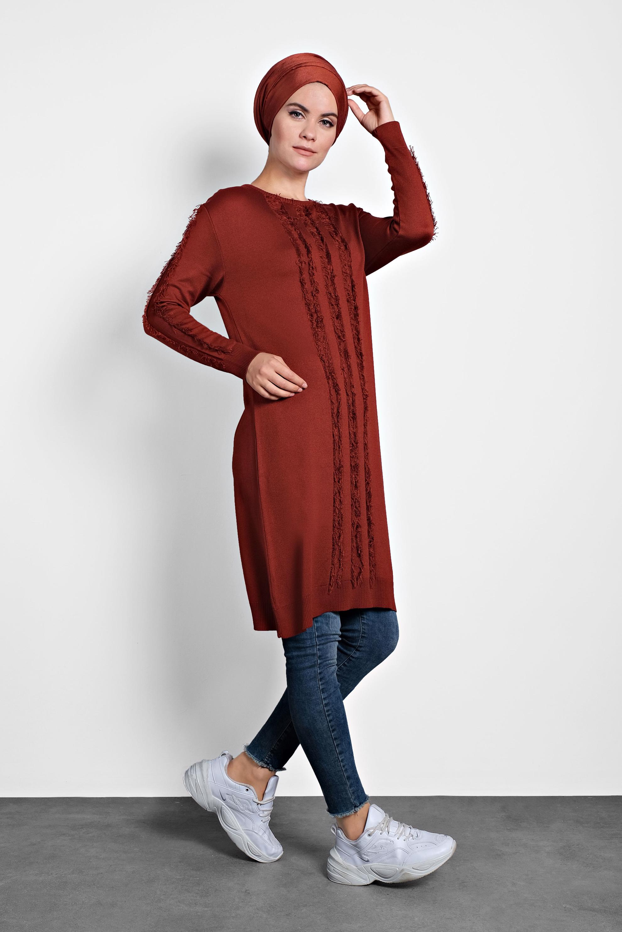 Tesettür giyim TURUNCU SAÇAKLI TRİKO TUNİK 40034  