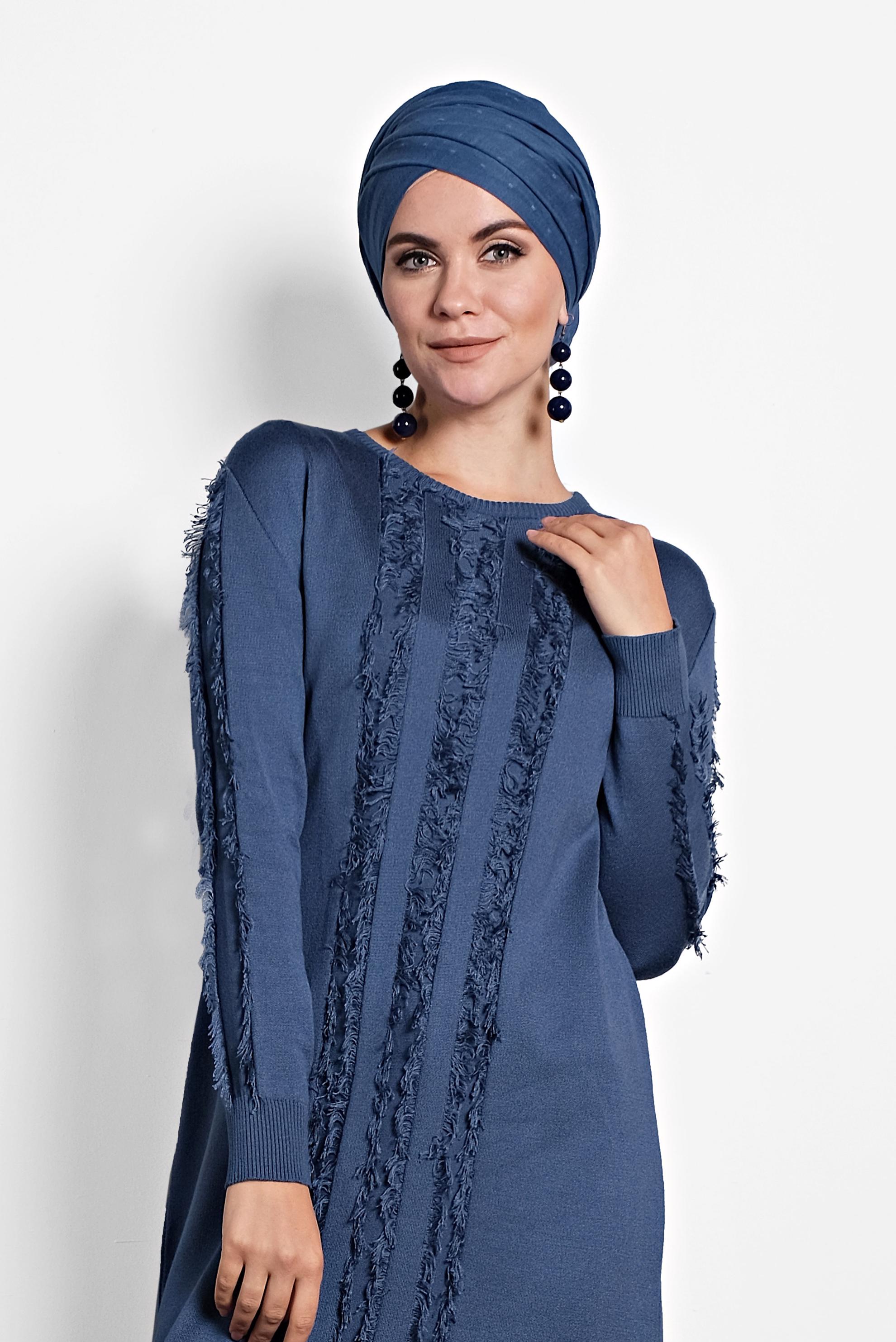 Tesettür giyim LACİVERT SAÇAKLI TRİKO TUNİK 40034  