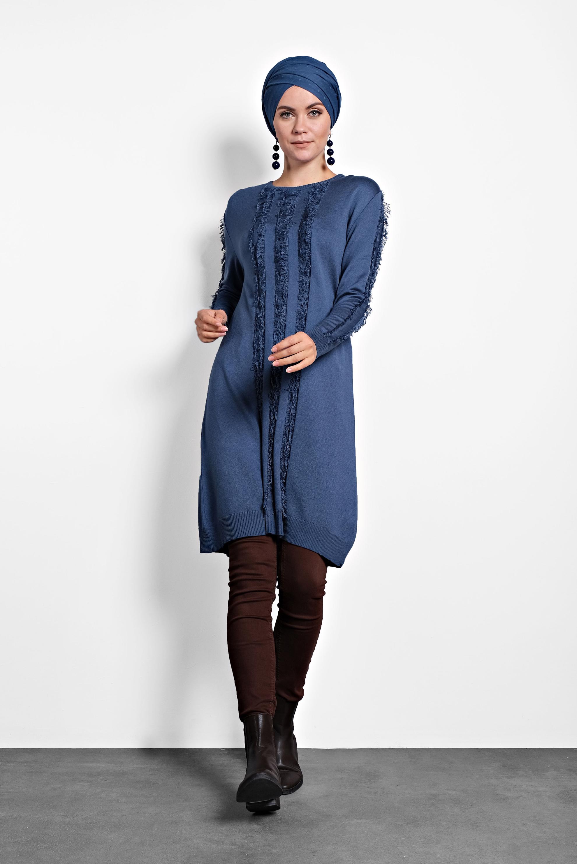 Tesettür giyim LACİVERT SAÇAKLI TRİKO TUNİK 40034  