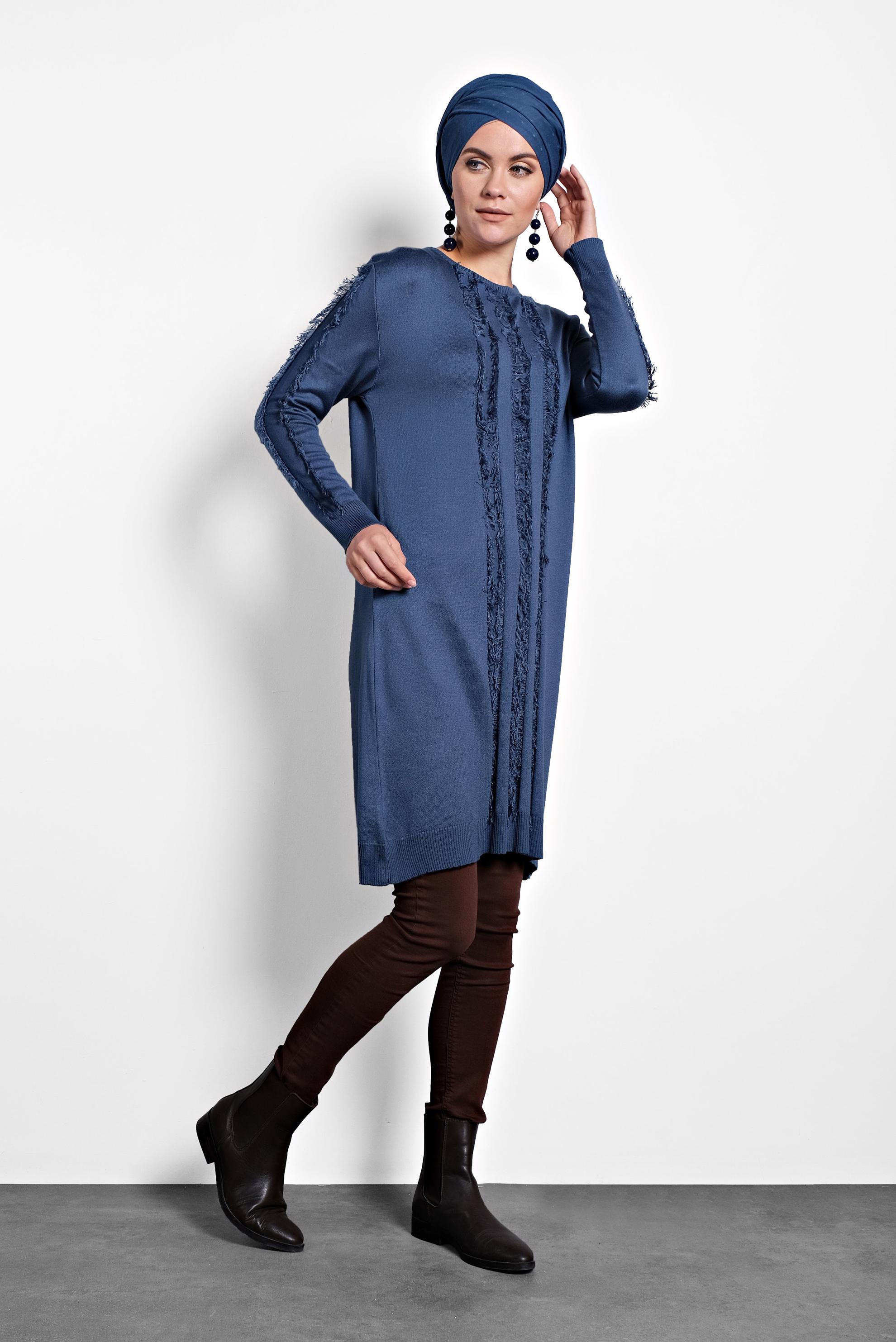 Tesettür giyim LACİVERT SAÇAKLI TRİKO TUNİK 40034  