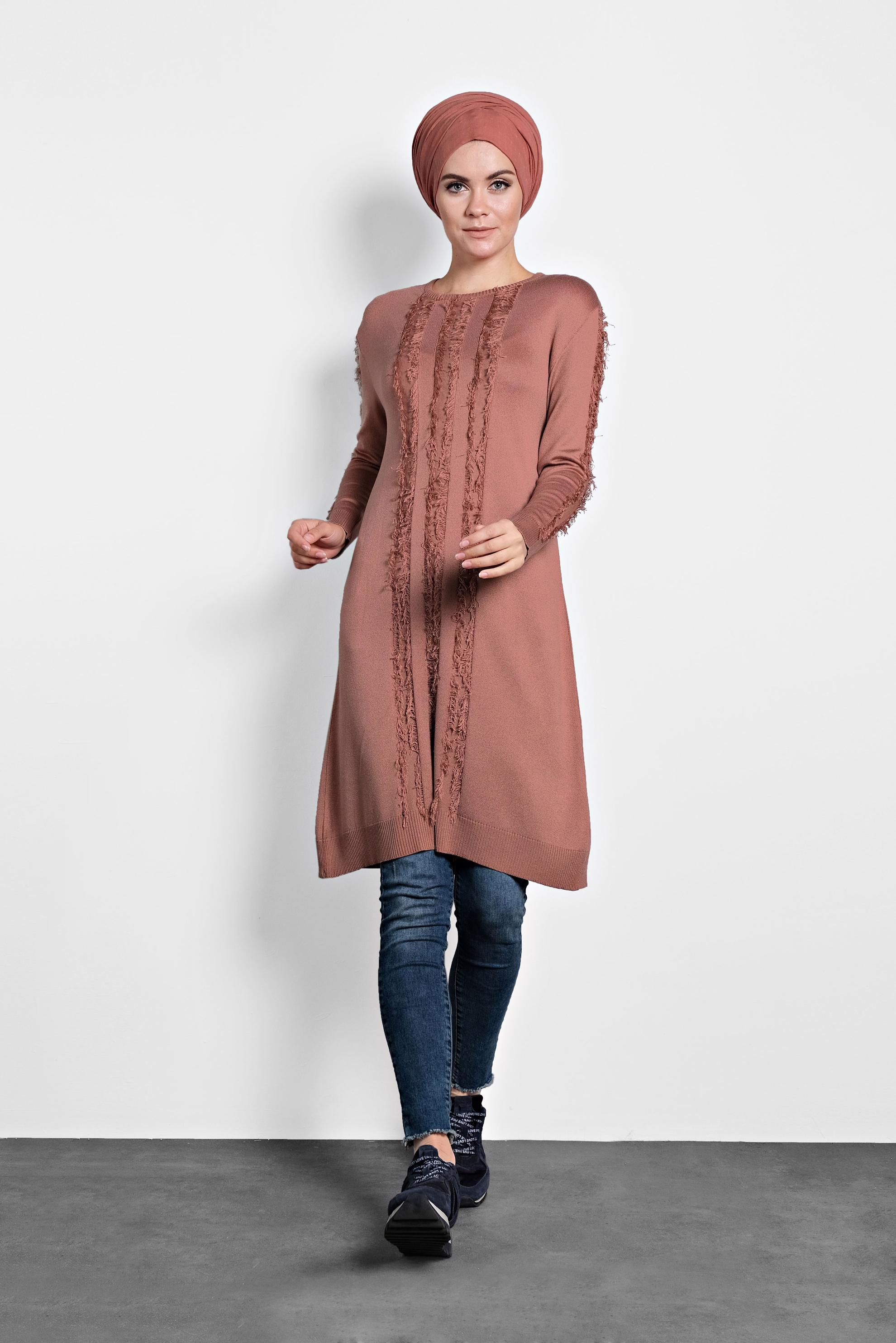 Tesettür giyim PEMBE SAÇAKLI TRİKO TUNİK 40034  