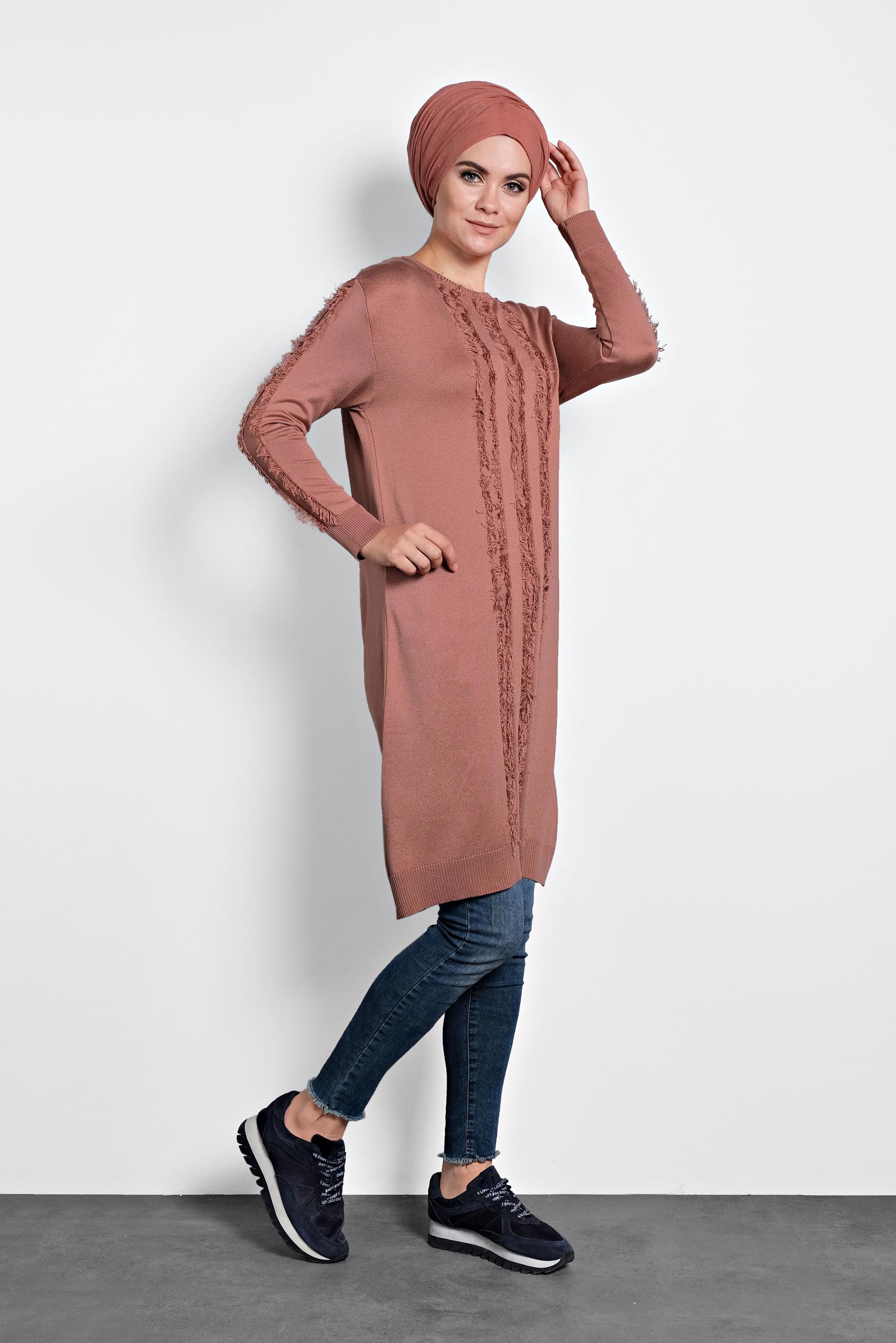 Tesettür giyim PEMBE SAÇAKLI TRİKO TUNİK 40034  