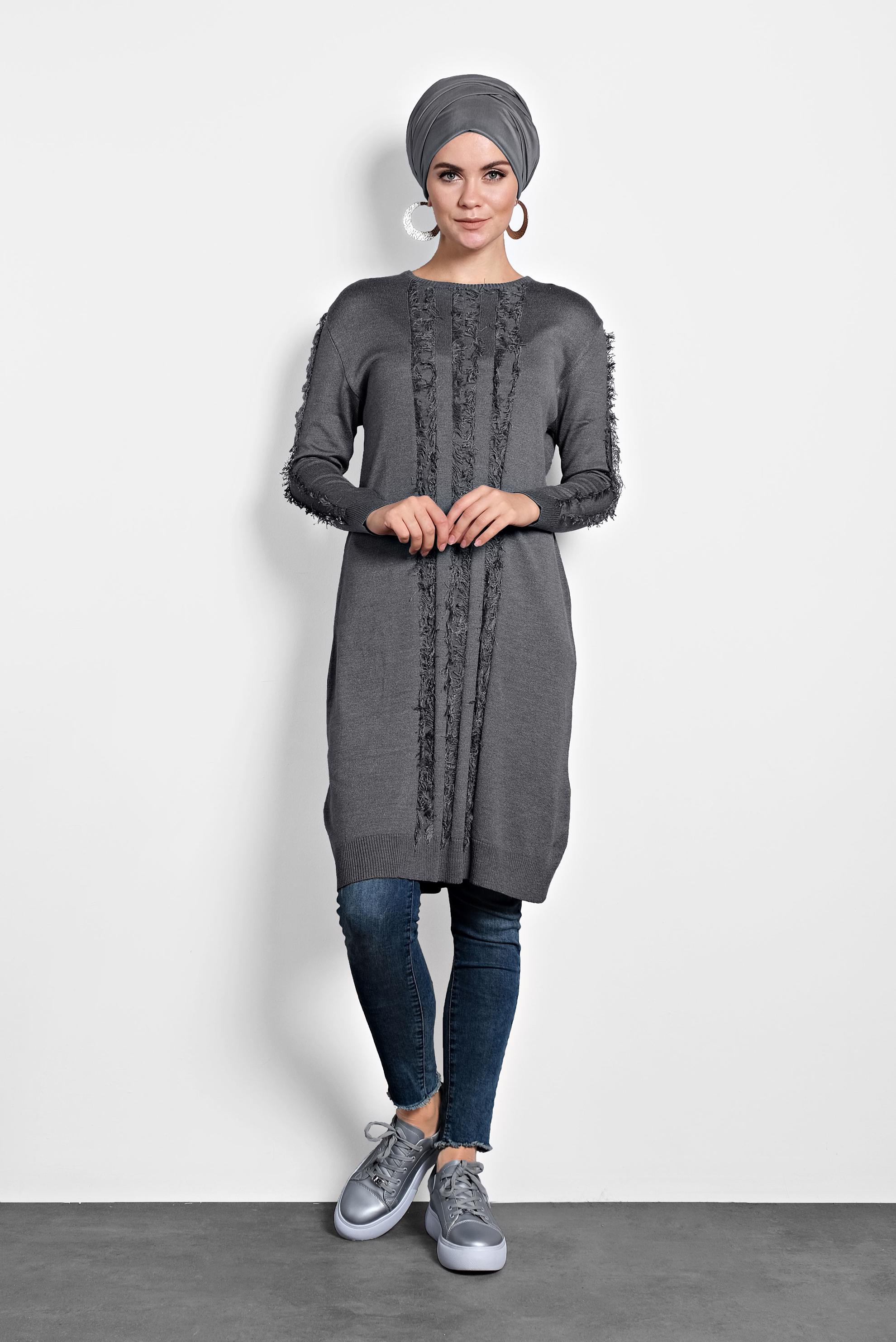Tesettür giyim GRİ SAÇAKLI TRİKO TUNİK 40034  