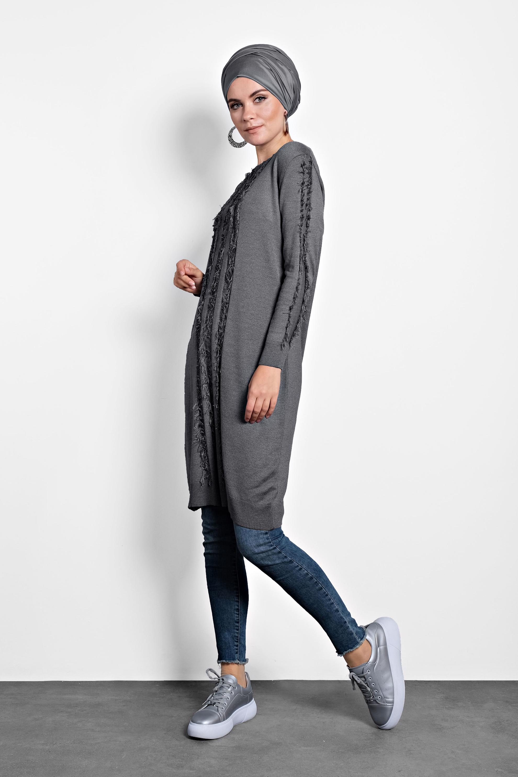 Tesettür giyim GRİ SAÇAKLI TRİKO TUNİK 40034  