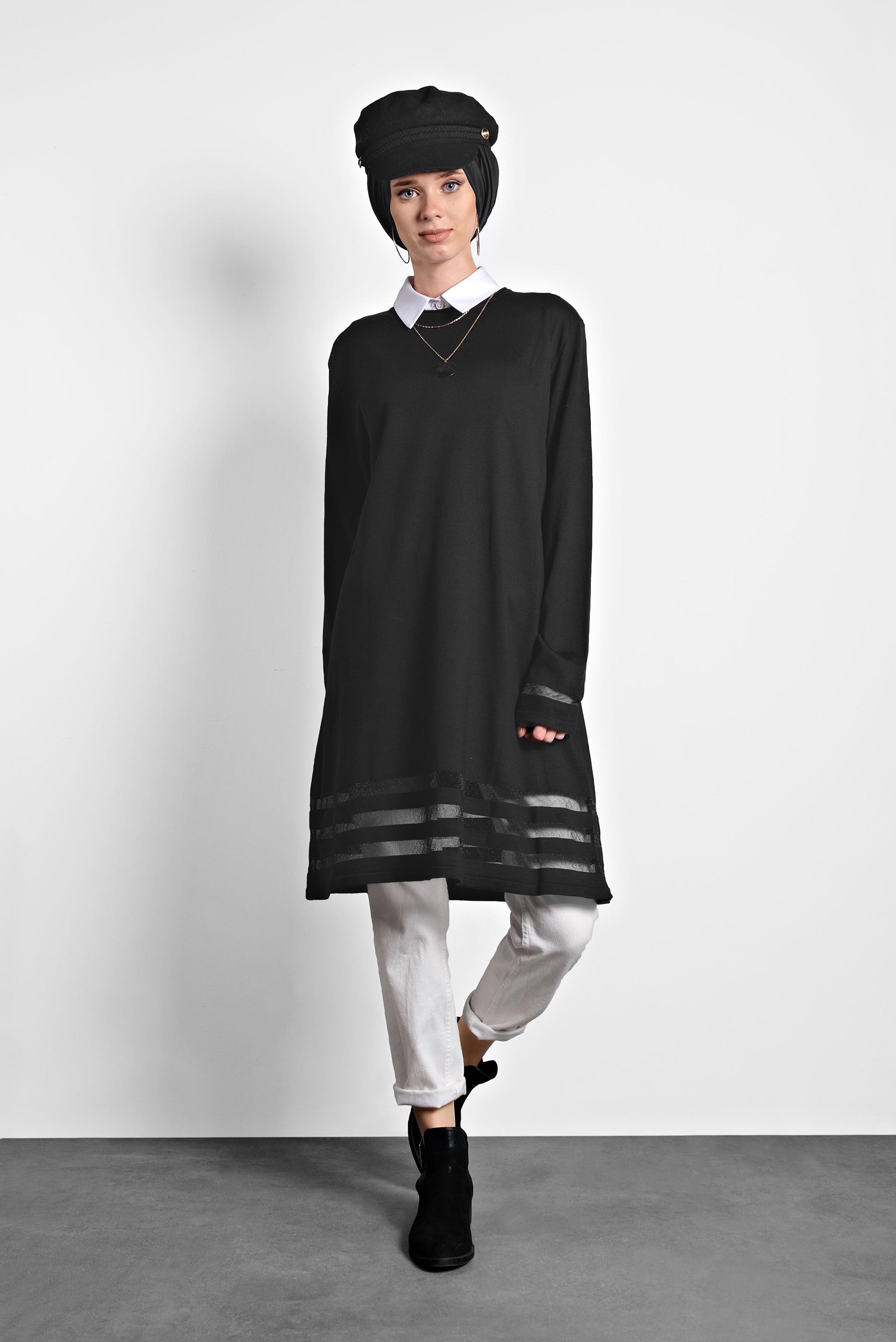 Tesettür giyim SİYAH SİMLİ TRİKO TUNİK 40037