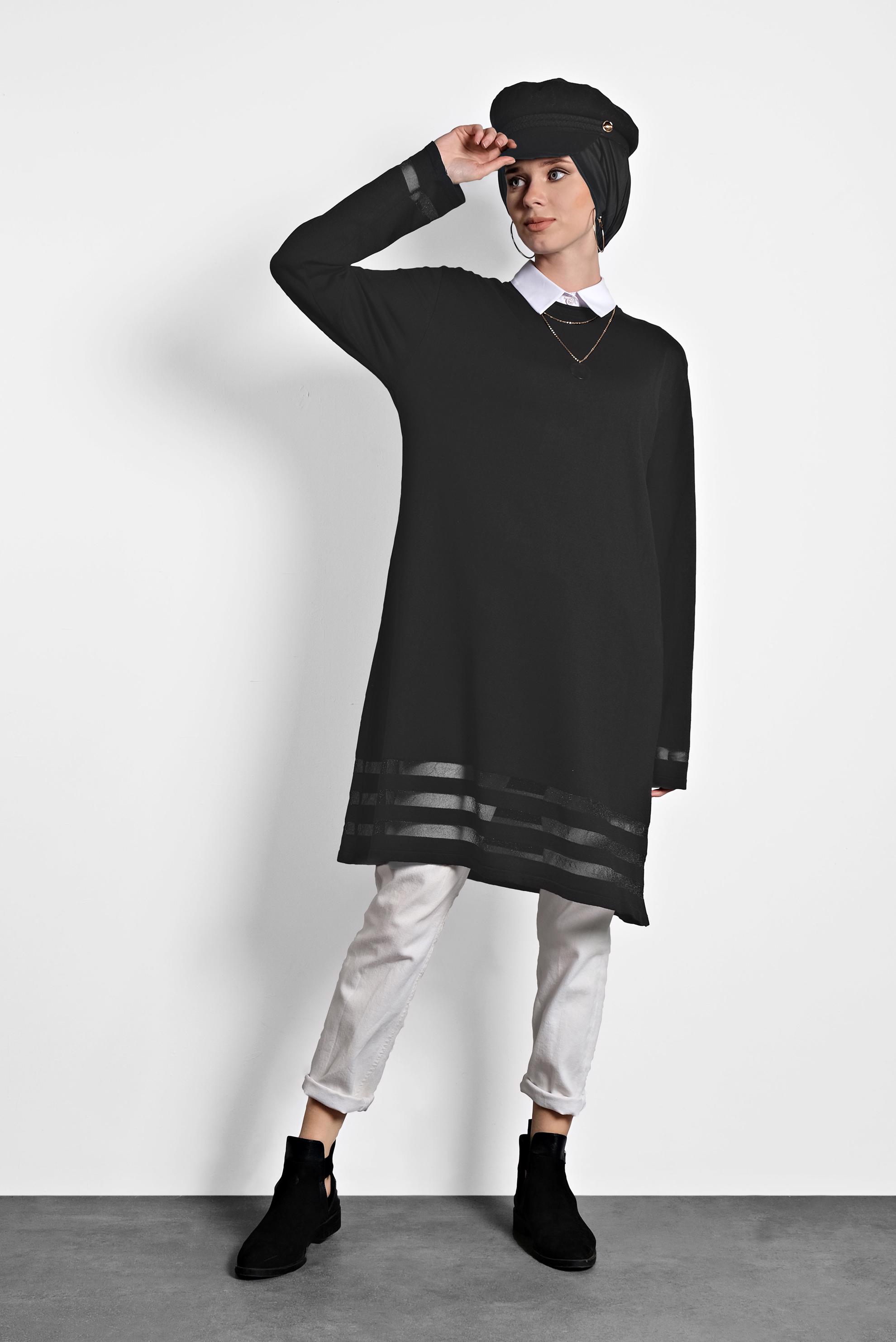 Tesettür giyim SİYAH SİMLİ TRİKO TUNİK 40037