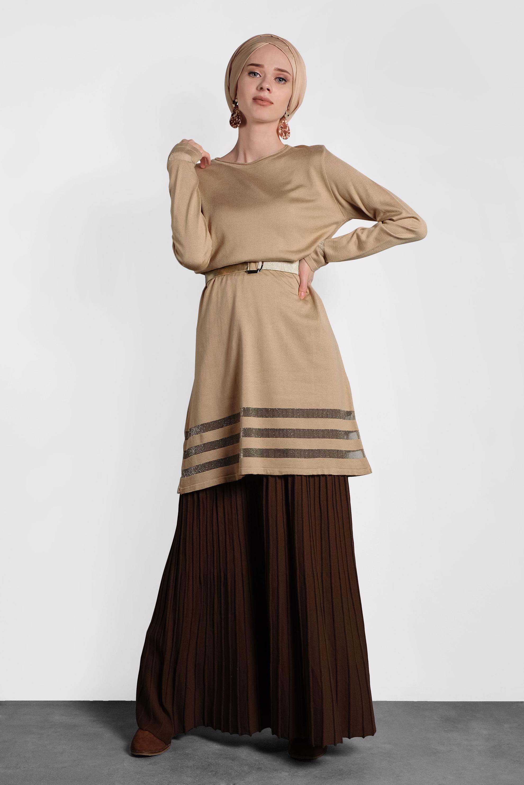 Tesettür giyim KAHVE SİMLİ TRİKO TUNİK 40037