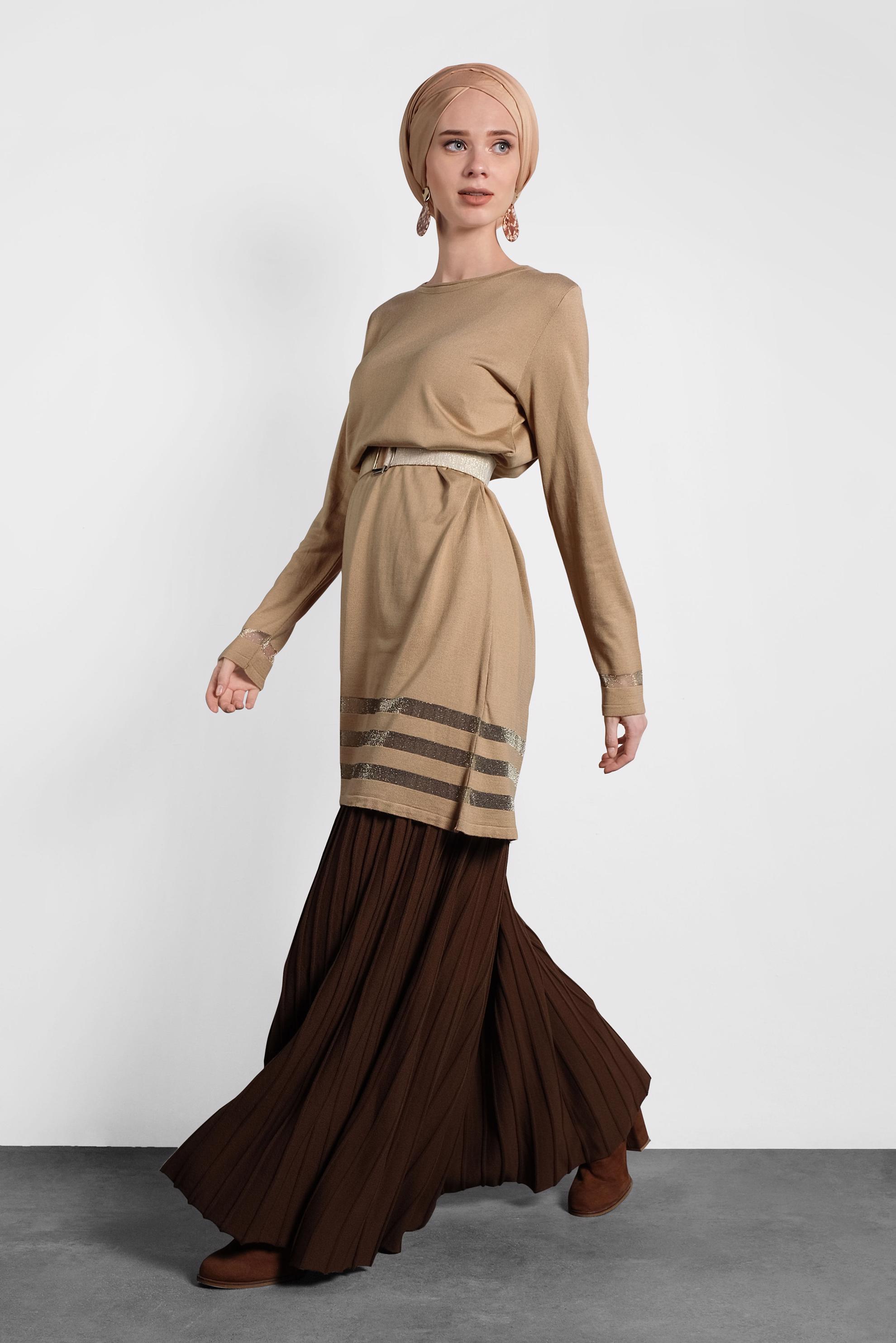 Tesettür giyim KAHVE SİMLİ TRİKO TUNİK 40037