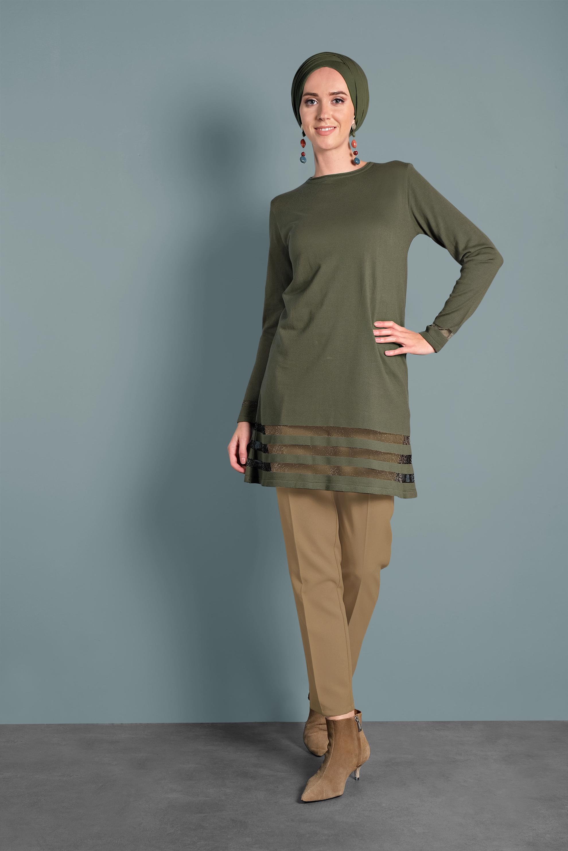 Tesettür giyim HAKİ SİMLİ TRİKO TUNİK 40037