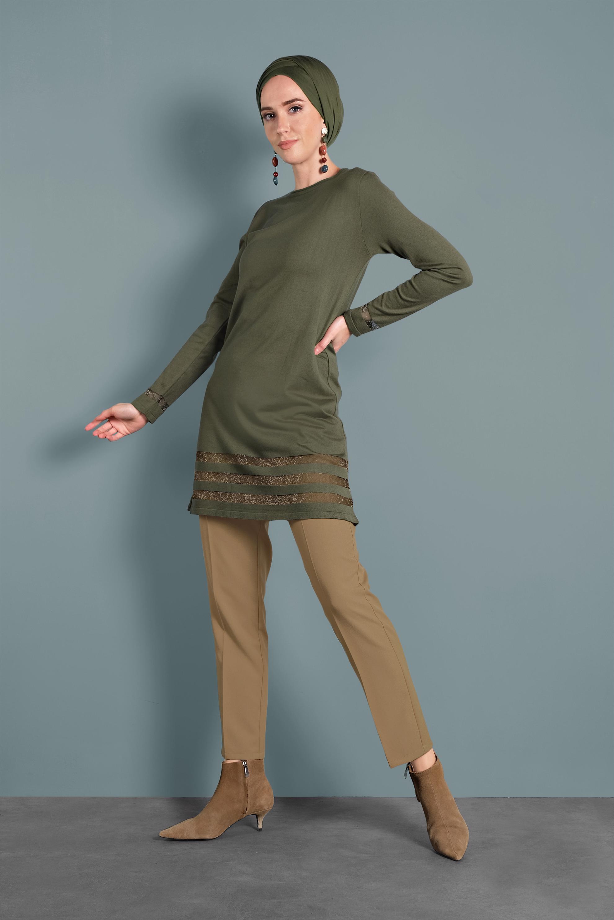 Tesettür giyim HAKİ SİMLİ TRİKO TUNİK 40037