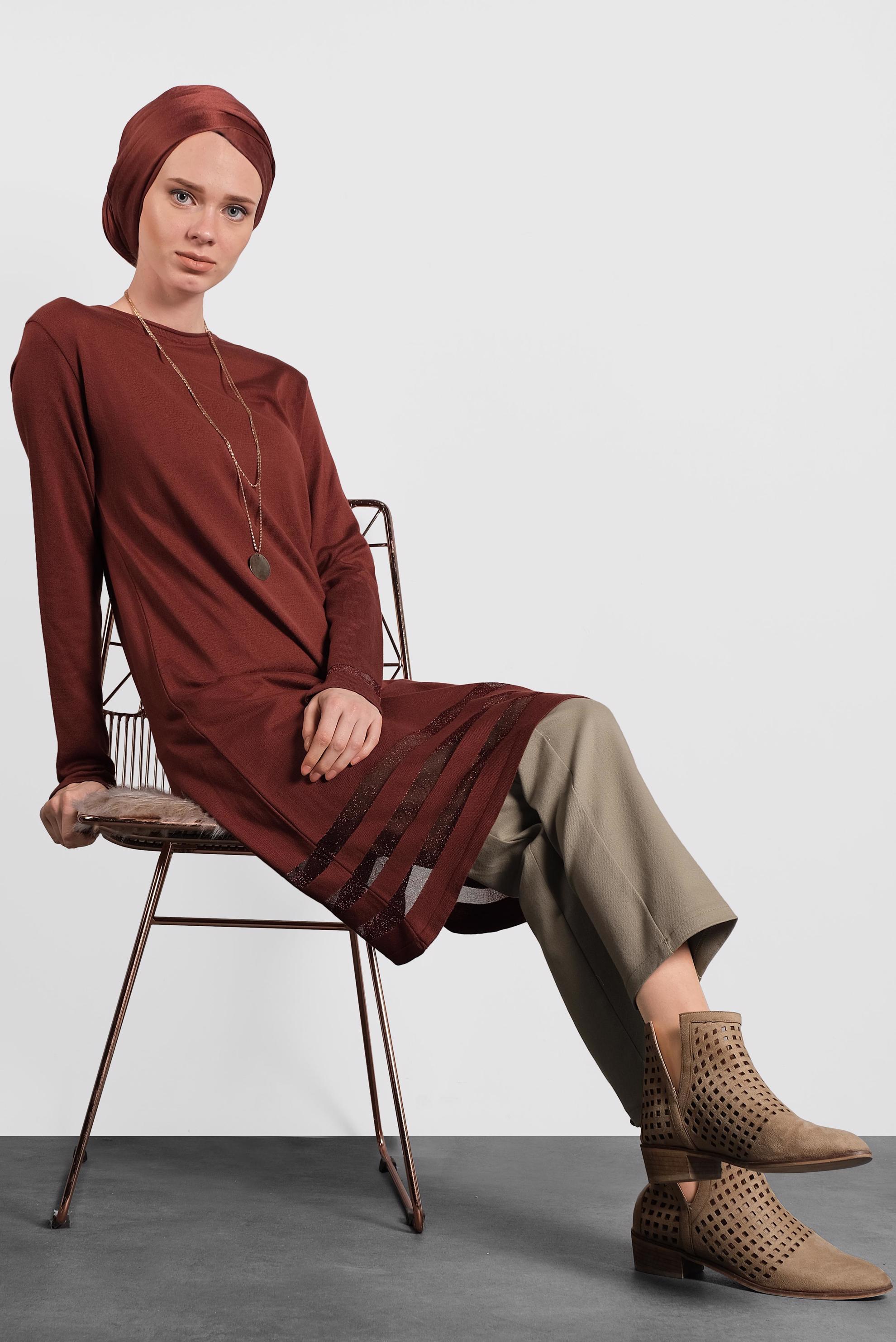 Tesettür giyim TURUNCU SİMLİ TRİKO TUNİK 40037