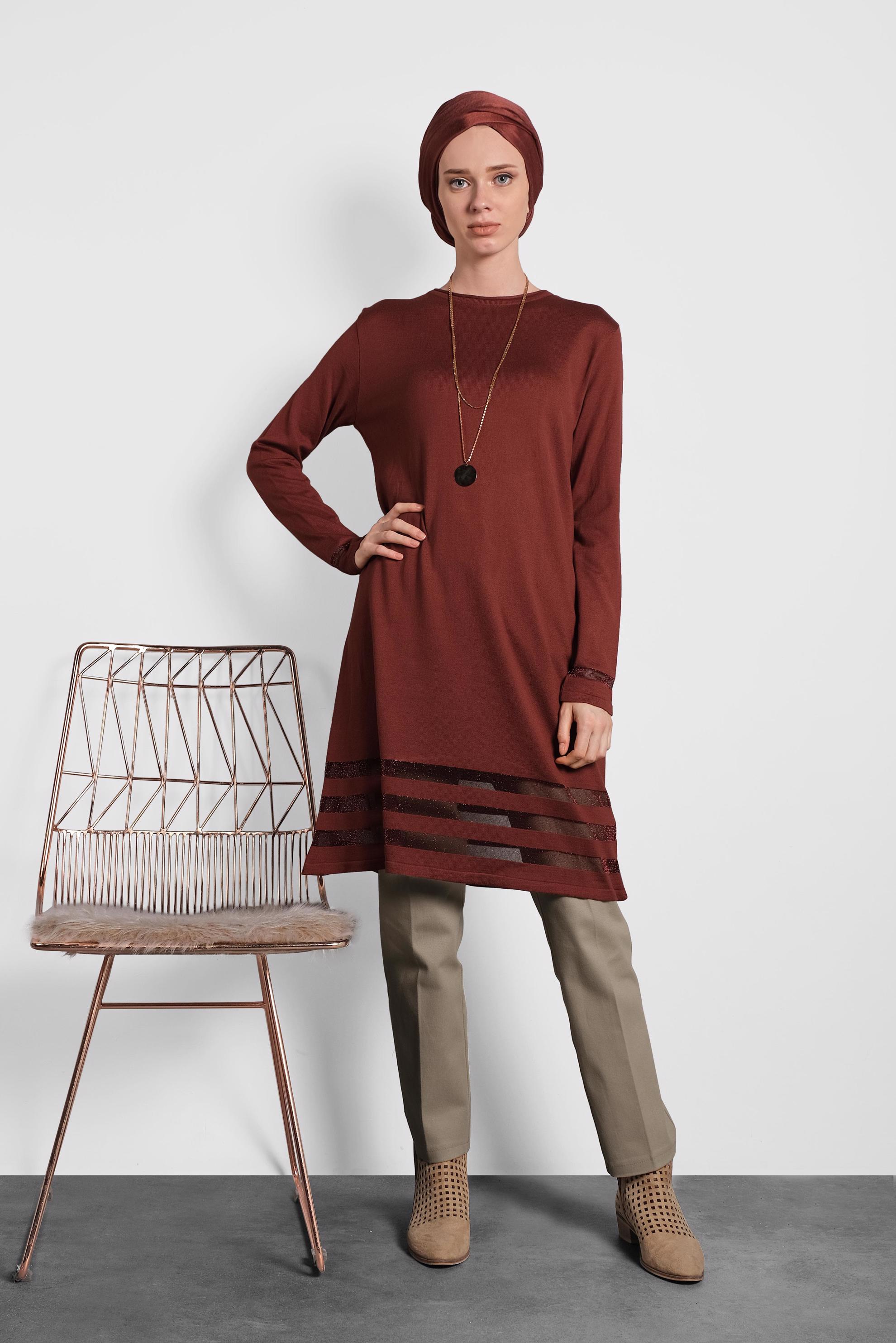 Tesettür giyim TURUNCU SİMLİ TRİKO TUNİK 40037