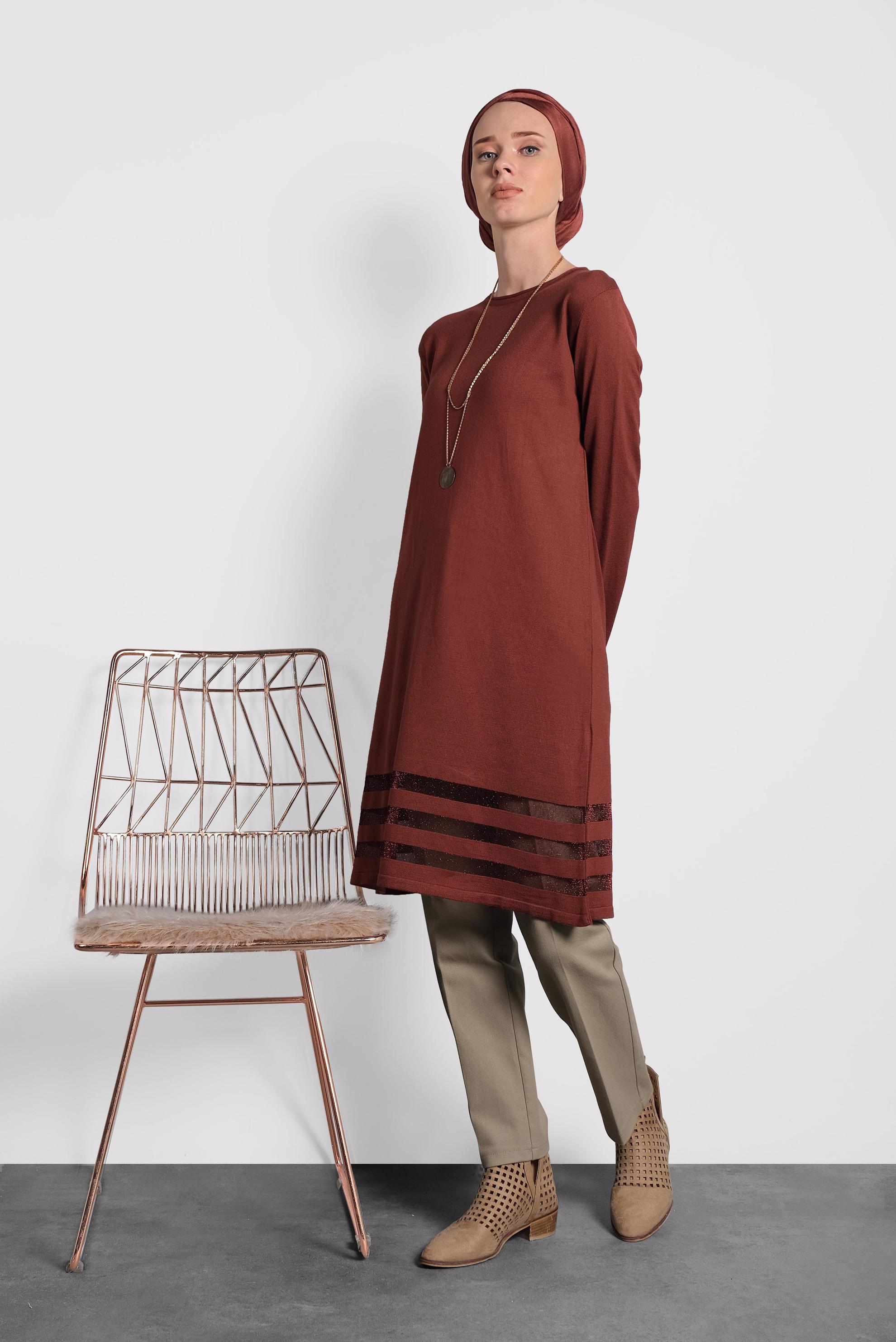 Tesettür giyim TURUNCU SİMLİ TRİKO TUNİK 40037