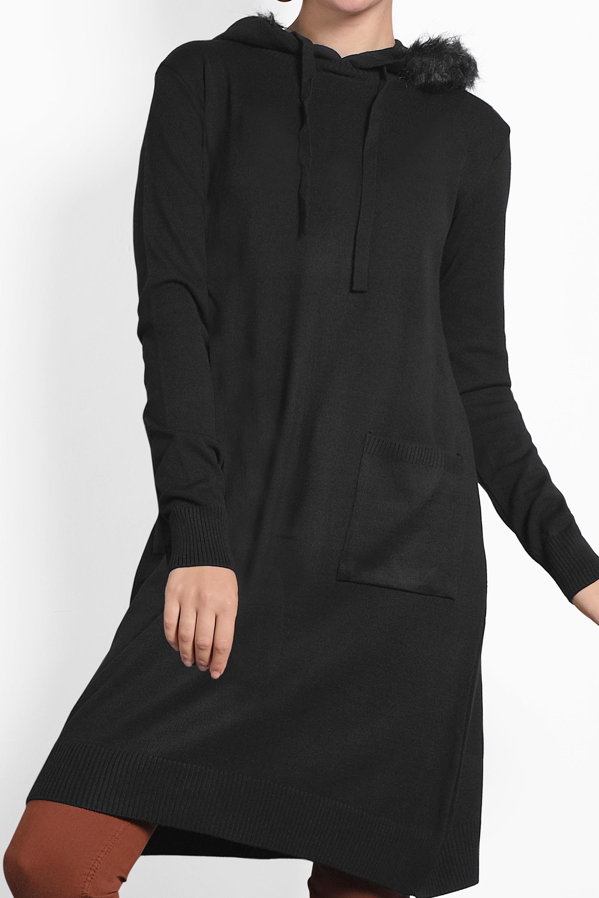 Tesettür giyim SİYAH TÜYLÜ KAPÜŞONLU TRİKO TUNİK 40046 