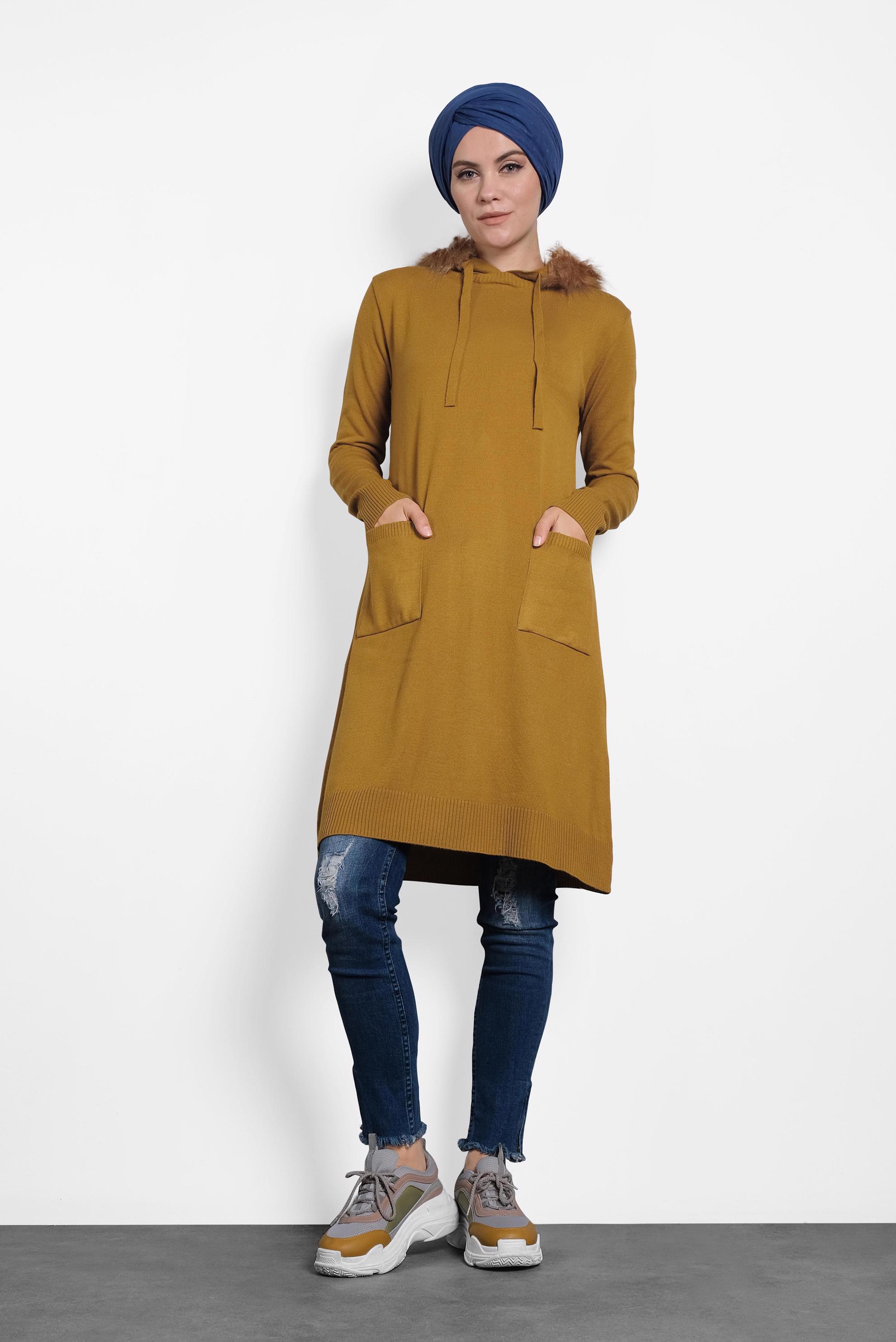Tesettür giyim SARI TÜYLÜ KAPÜŞONLU TRİKO TUNİK 40046 
