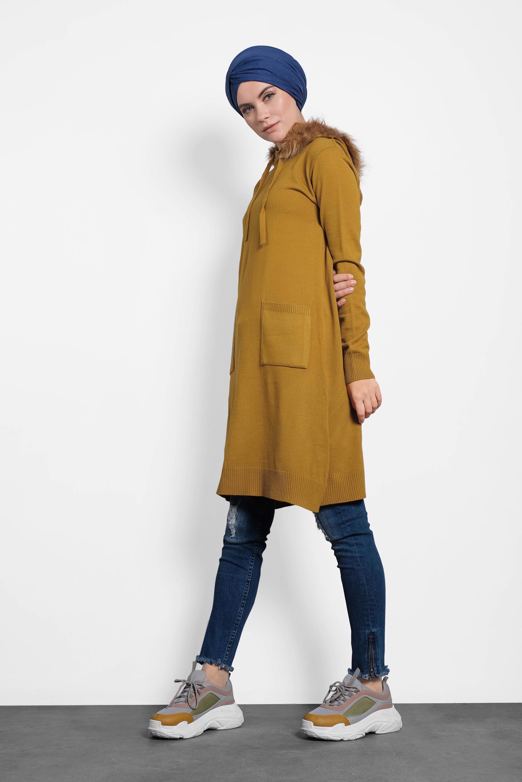 Tesettür giyim SARI TÜYLÜ KAPÜŞONLU TRİKO TUNİK 40046 