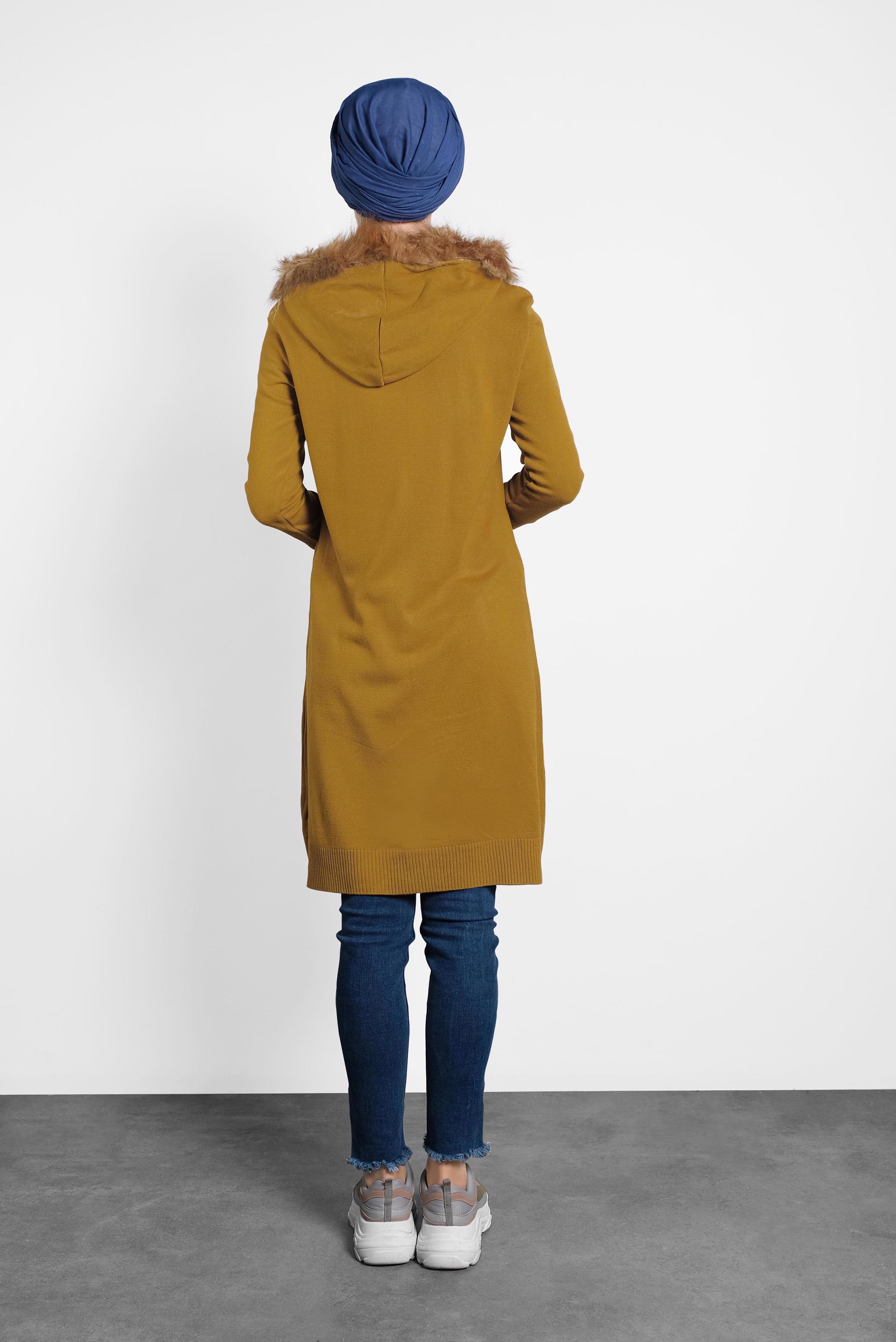 Tesettür giyim SARI TÜYLÜ KAPÜŞONLU TRİKO TUNİK 40046 