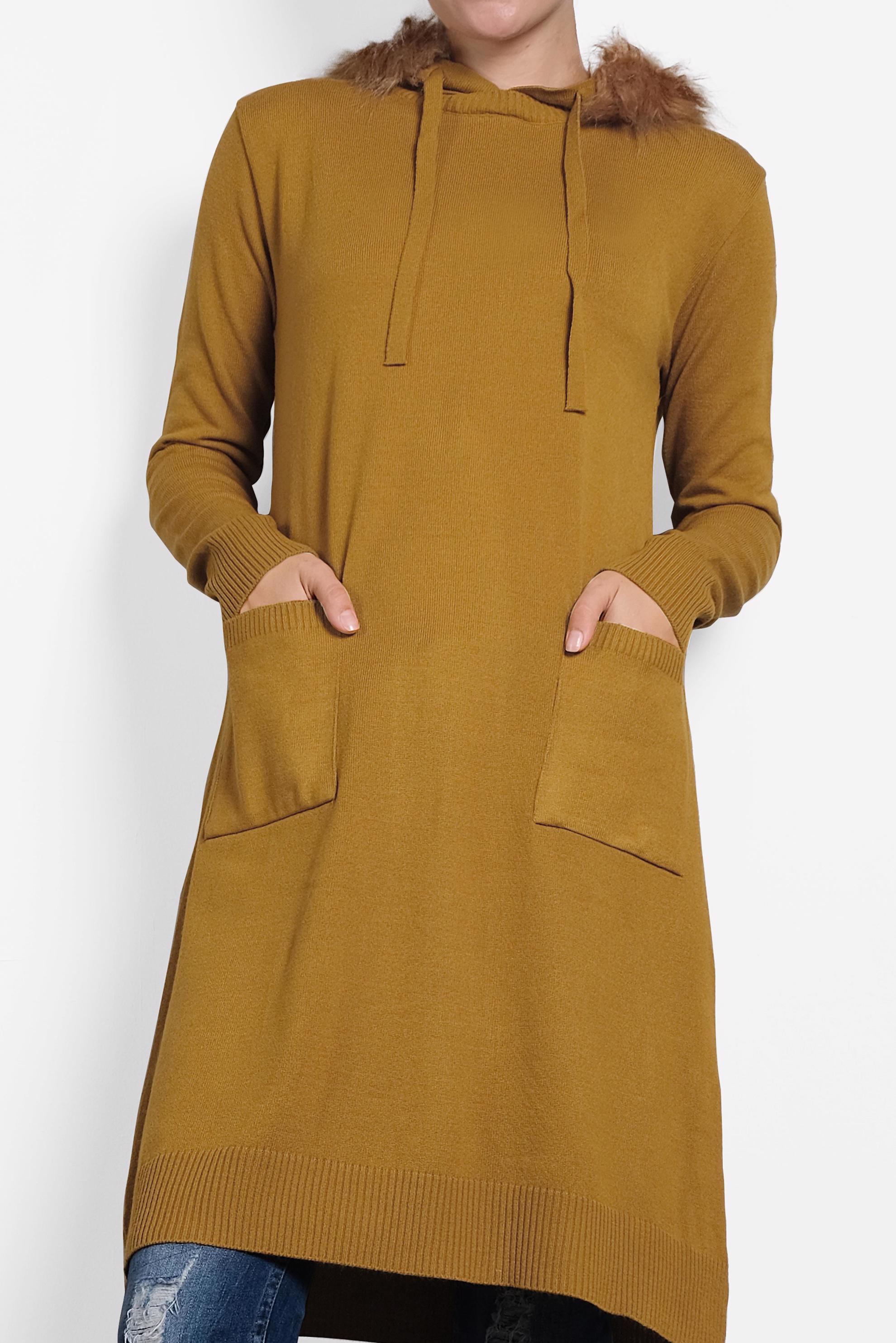 Tesettür giyim SARI TÜYLÜ KAPÜŞONLU TRİKO TUNİK 40046 