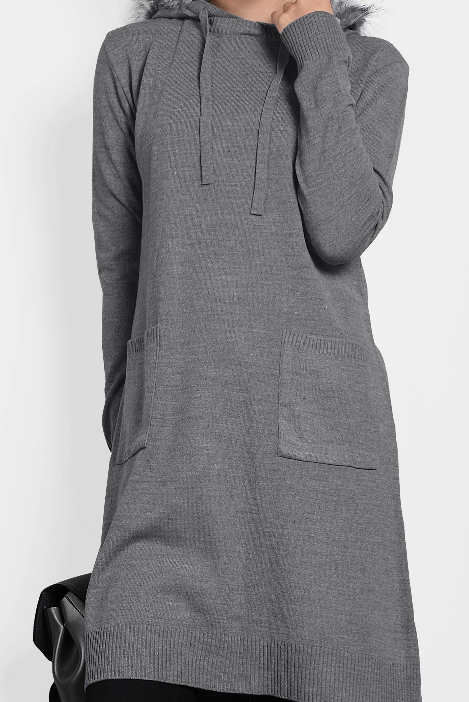 Tesettür giyim GRİ TÜYLÜ KAPÜŞONLU TRİKO TUNİK 40046 