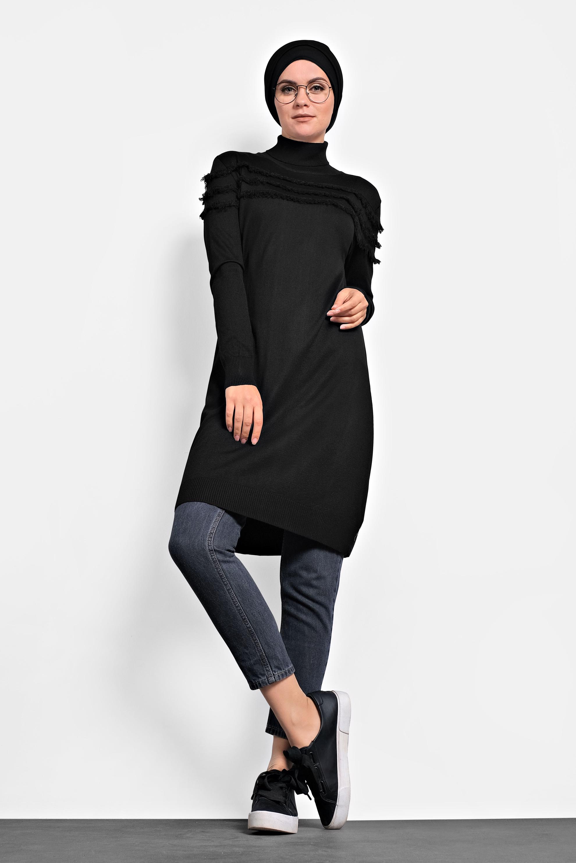 Tesettür giyim SİYAH SAÇAKLI TRİKO TUNİK 40051