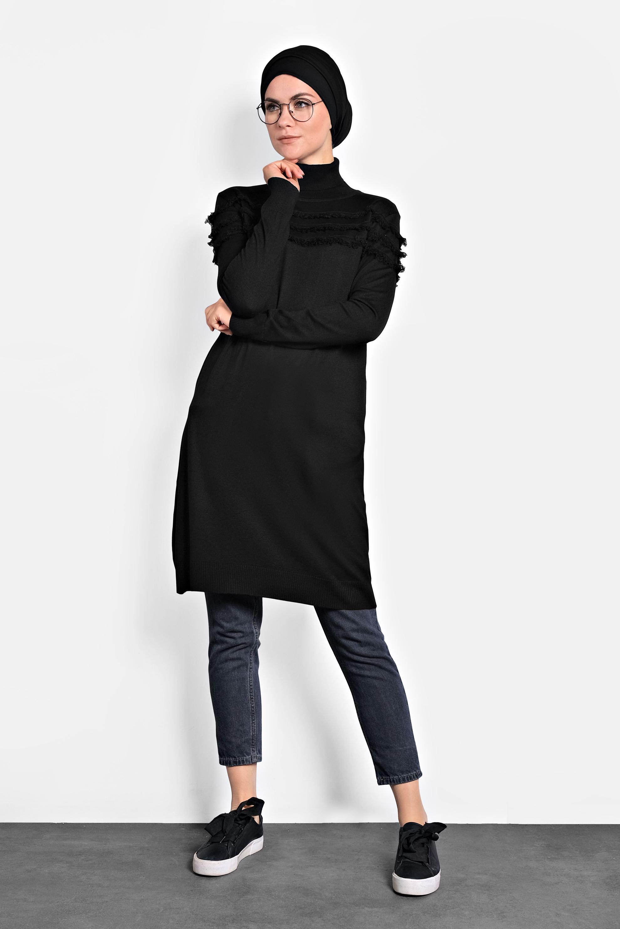 Tesettür giyim SİYAH SAÇAKLI TRİKO TUNİK 40051