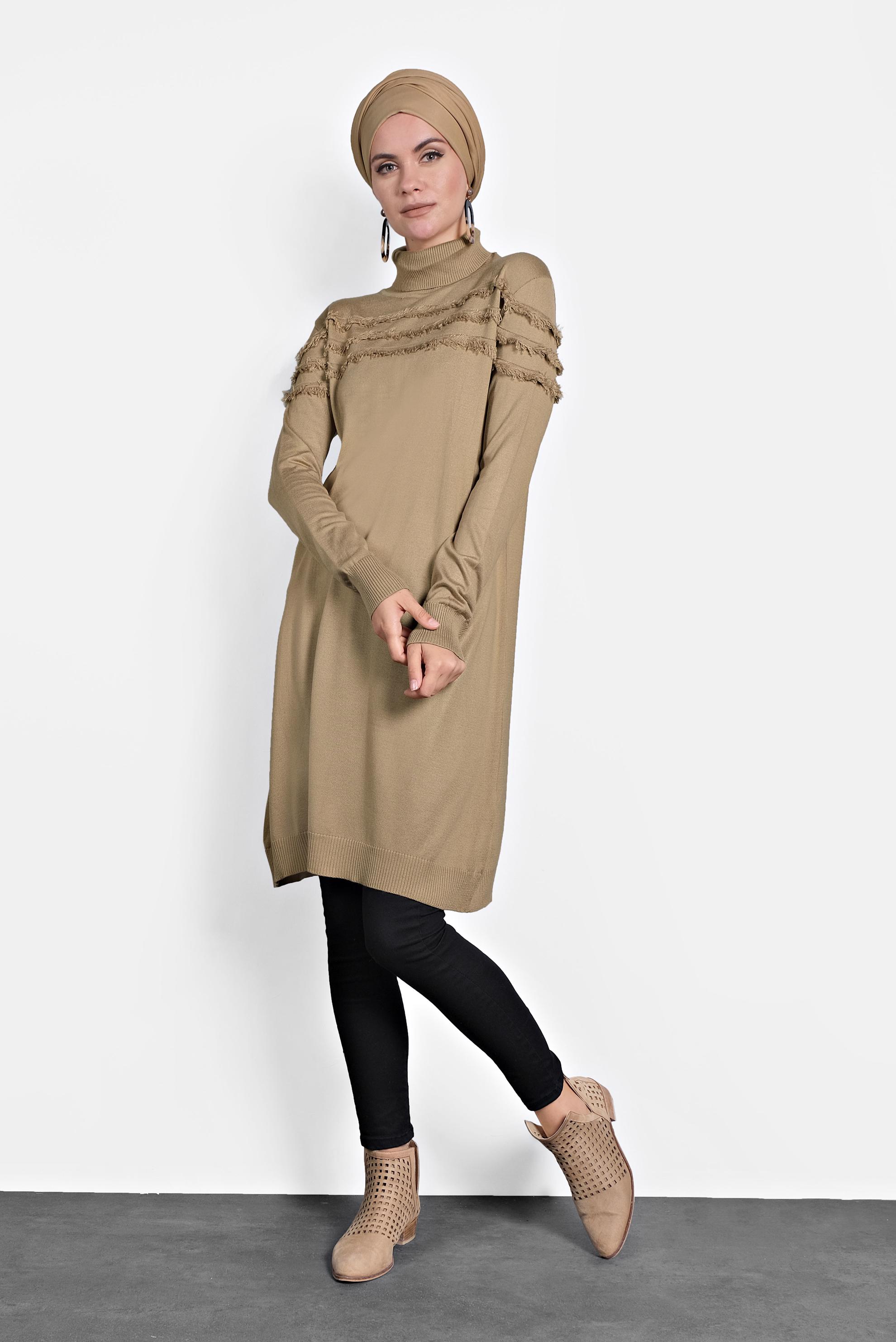 Tesettür giyim KAHVE SAÇAKLI TRİKO TUNİK 40051
