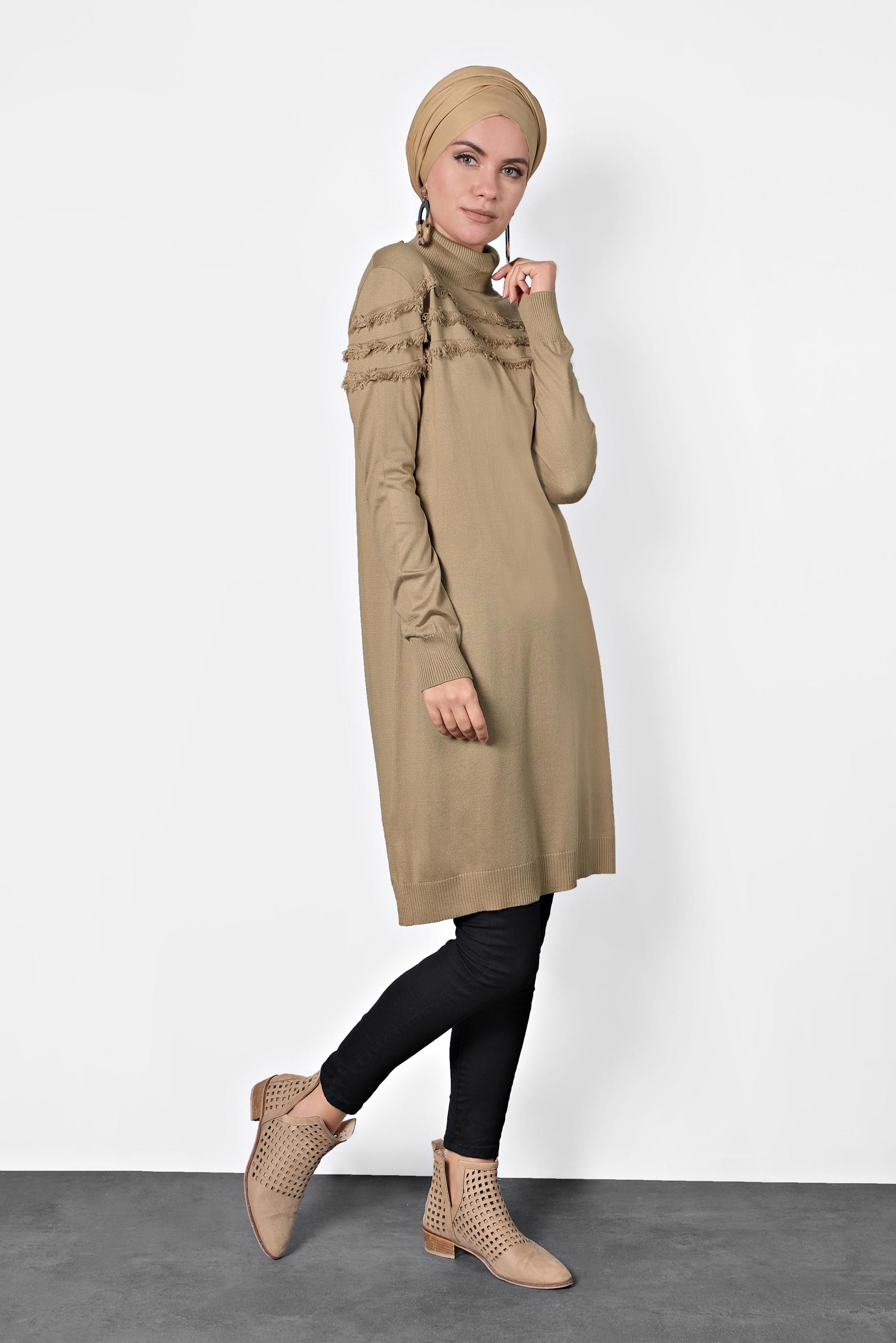 Tesettür giyim KAHVE SAÇAKLI TRİKO TUNİK 40051