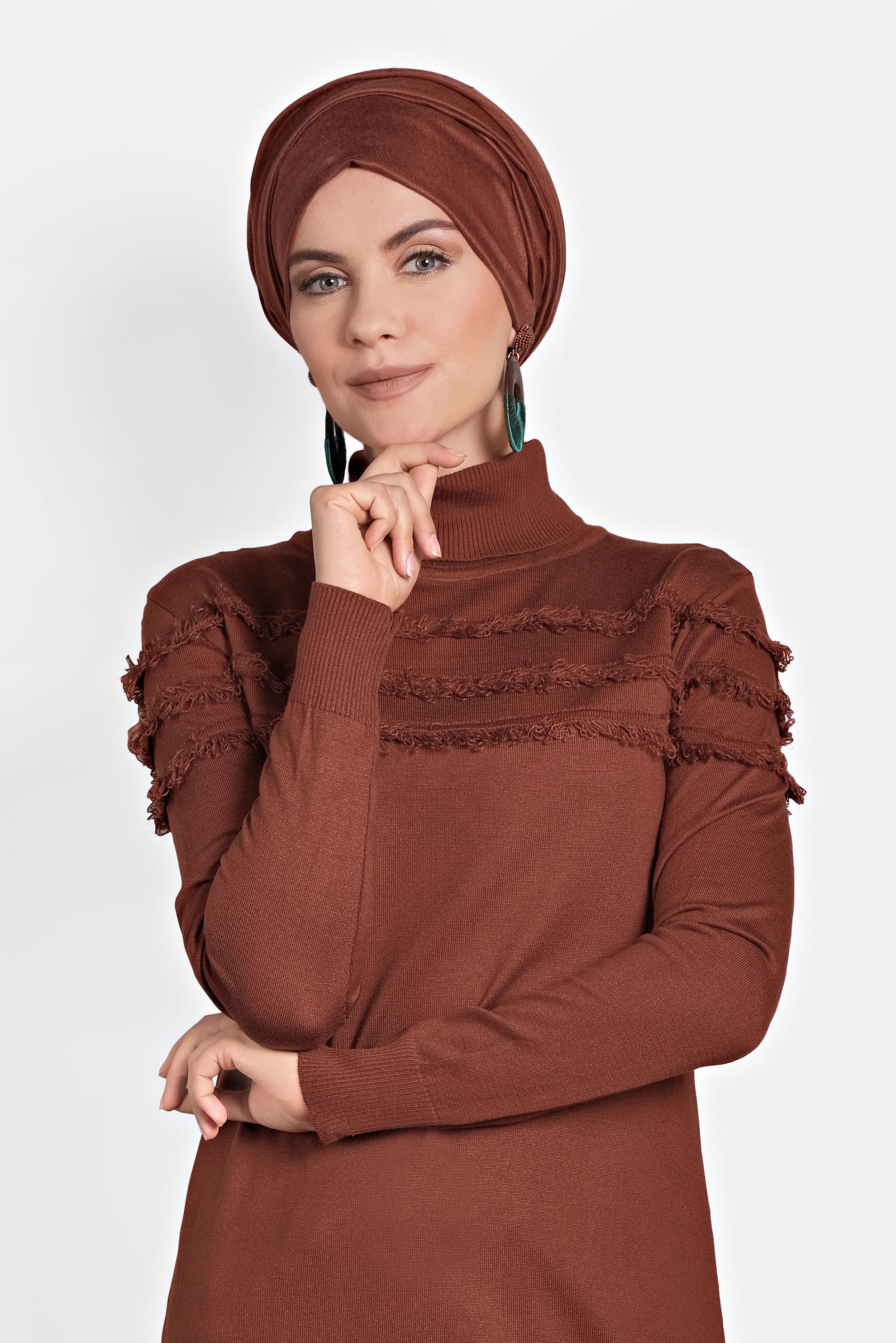 Tesettür giyim TURUNCU SAÇAKLI TRİKO TUNİK 40051