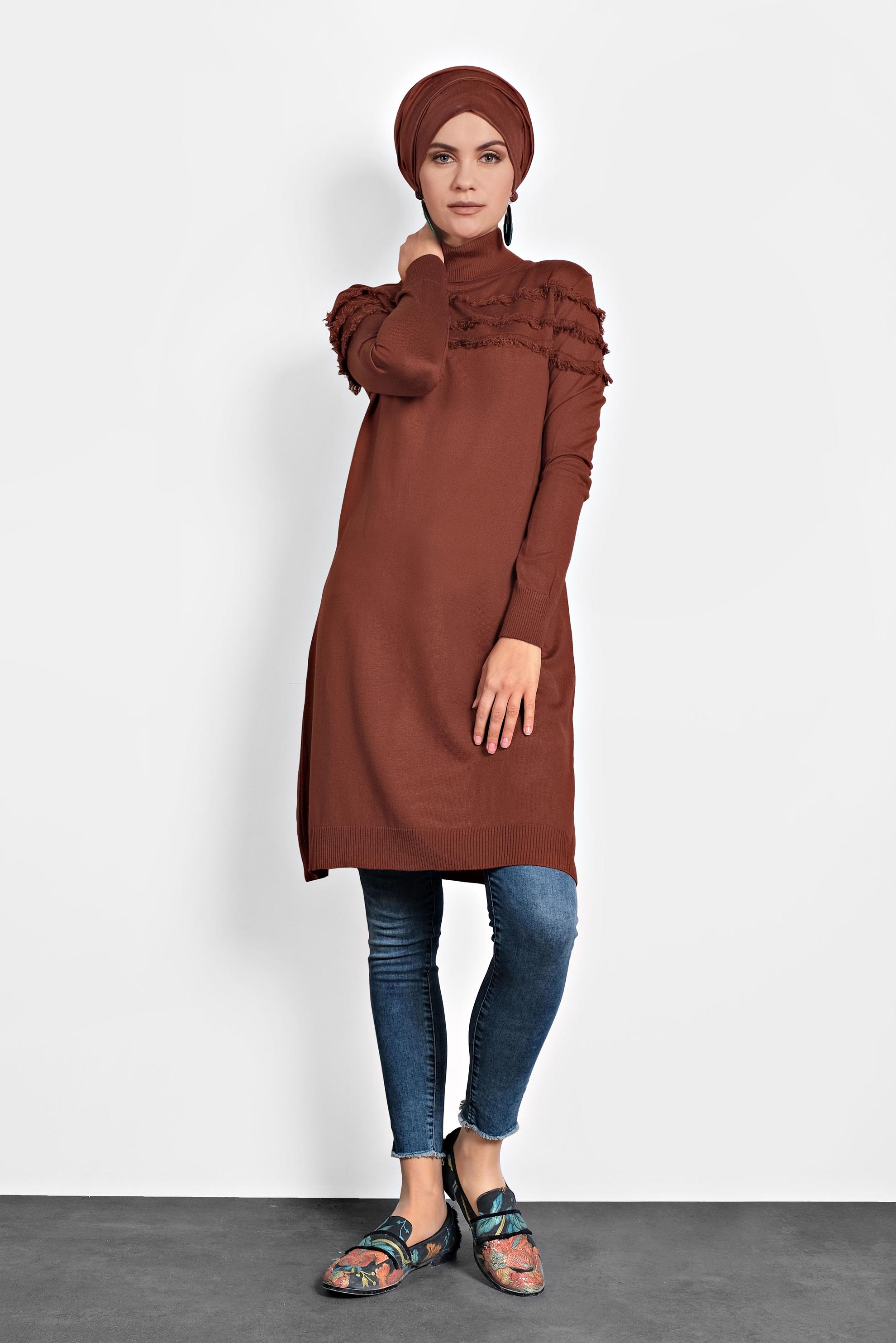 Tesettür giyim TURUNCU SAÇAKLI TRİKO TUNİK 40051