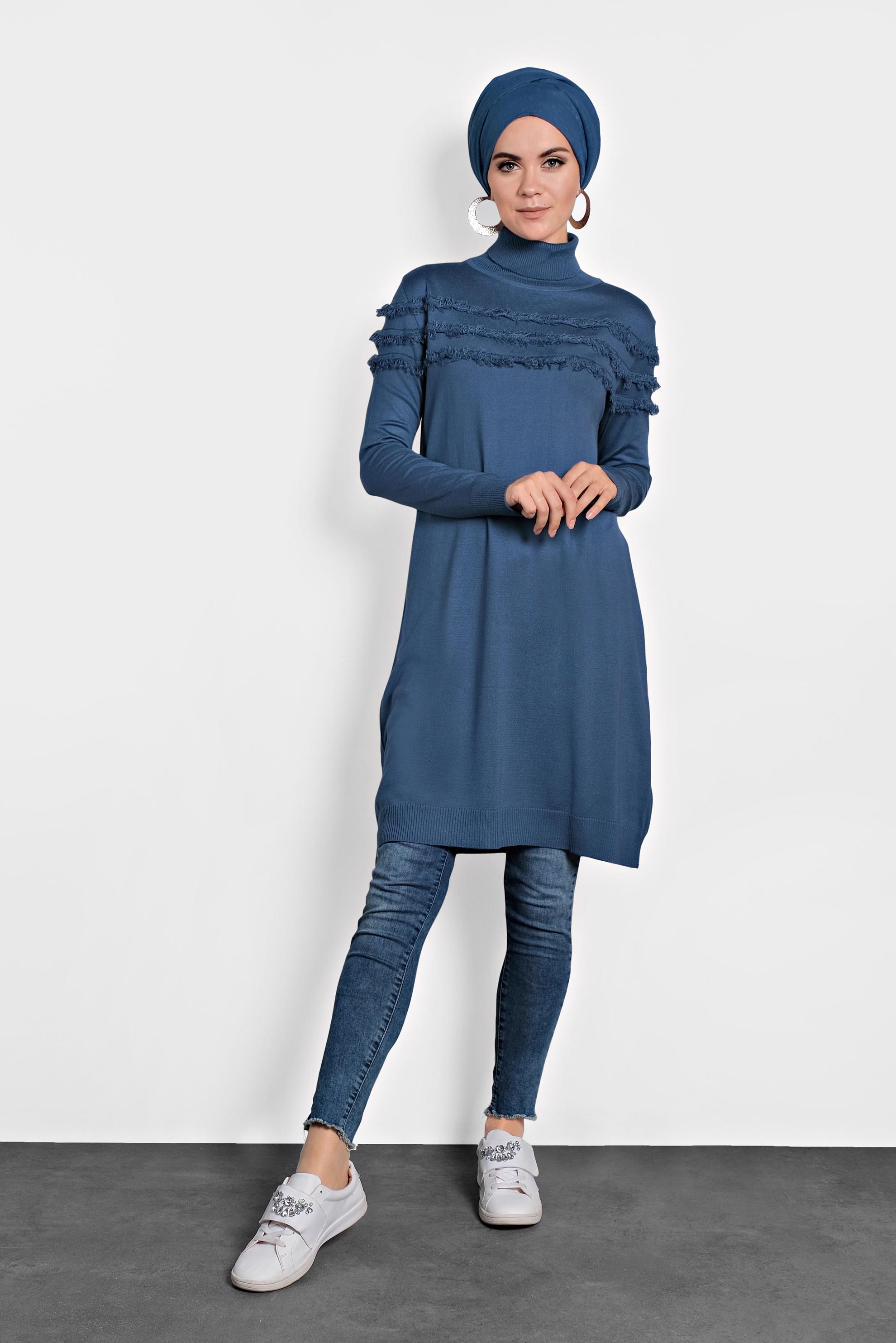 Tesettür giyim LACİVERT SAÇAKLI TRİKO TUNİK 40051