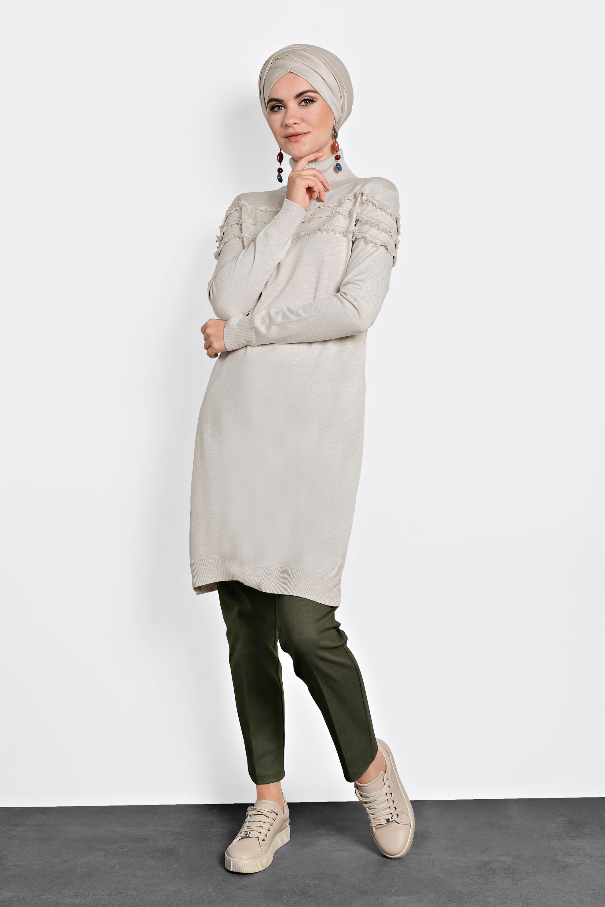 Tesettür giyim BEJ SAÇAKLI TRİKO TUNİK 40051