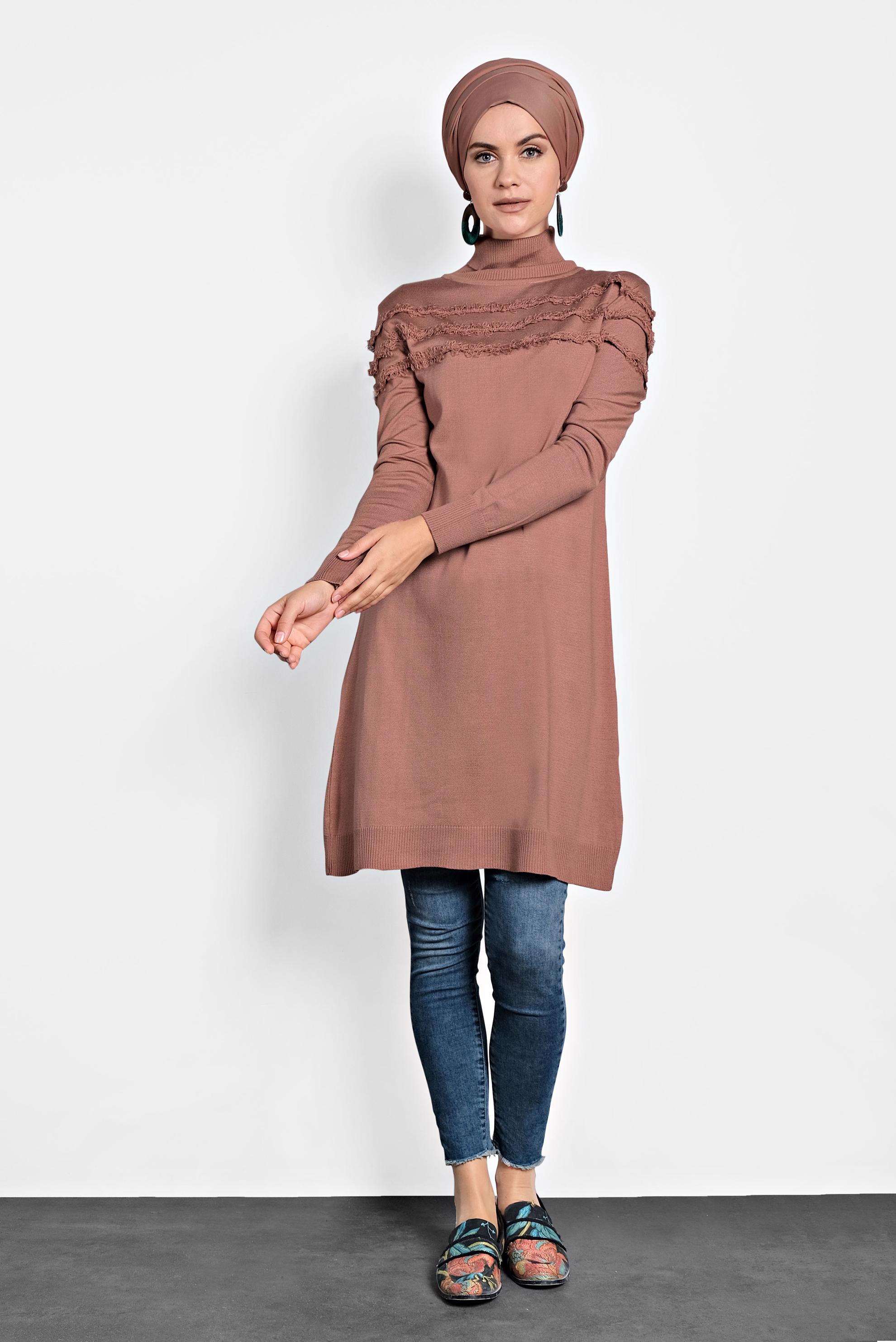 Tesettür giyim PEMBE SAÇAKLI TRİKO TUNİK 40051