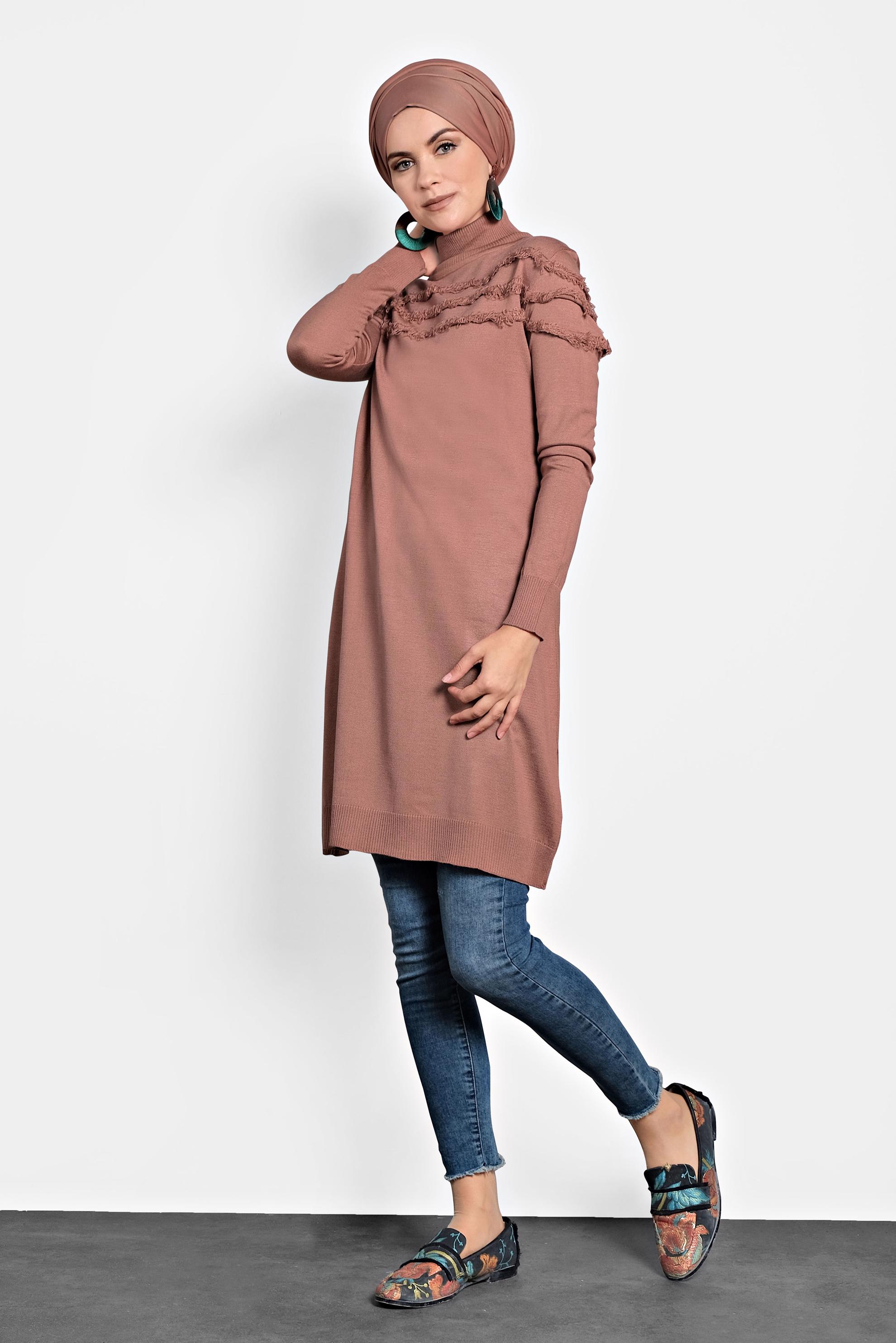 Tesettür giyim PEMBE SAÇAKLI TRİKO TUNİK 40051