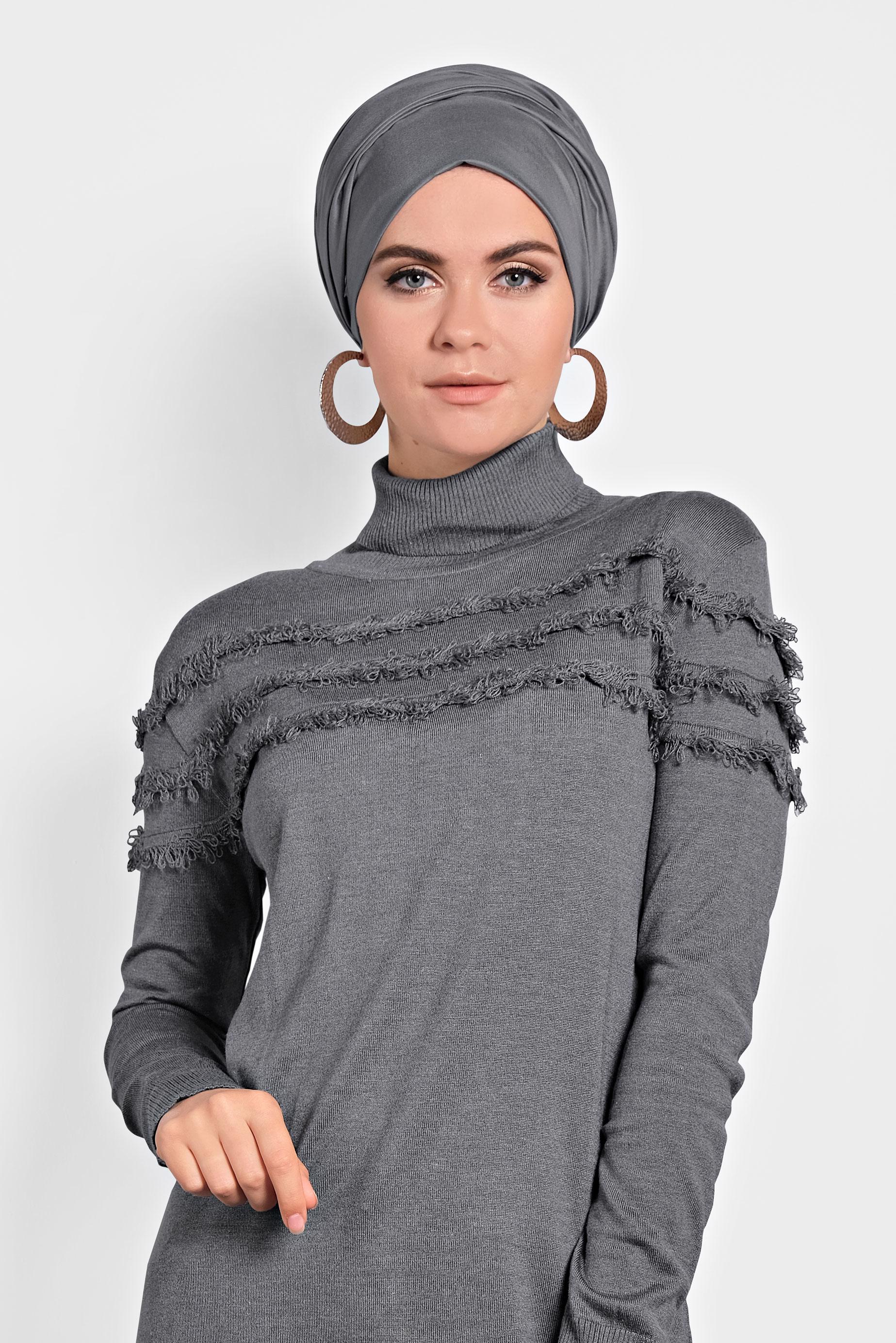 Tesettür giyim GRİ SAÇAKLI TRİKO TUNİK 40051