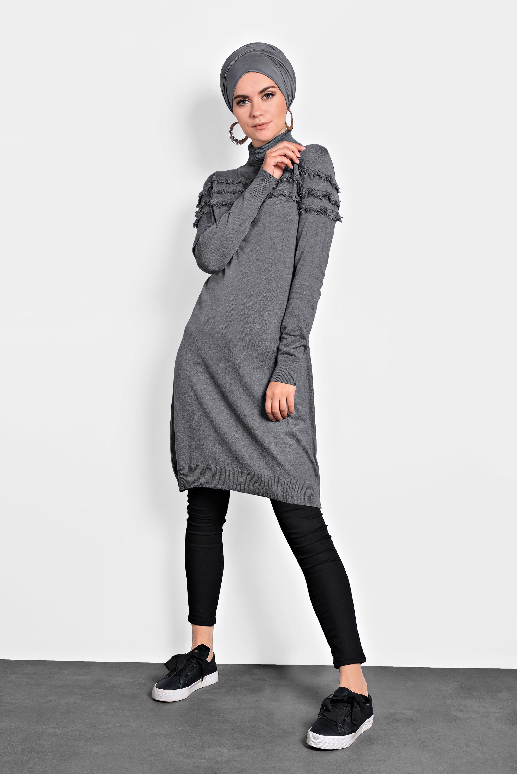 Tesettür giyim GRİ SAÇAKLI TRİKO TUNİK 40051