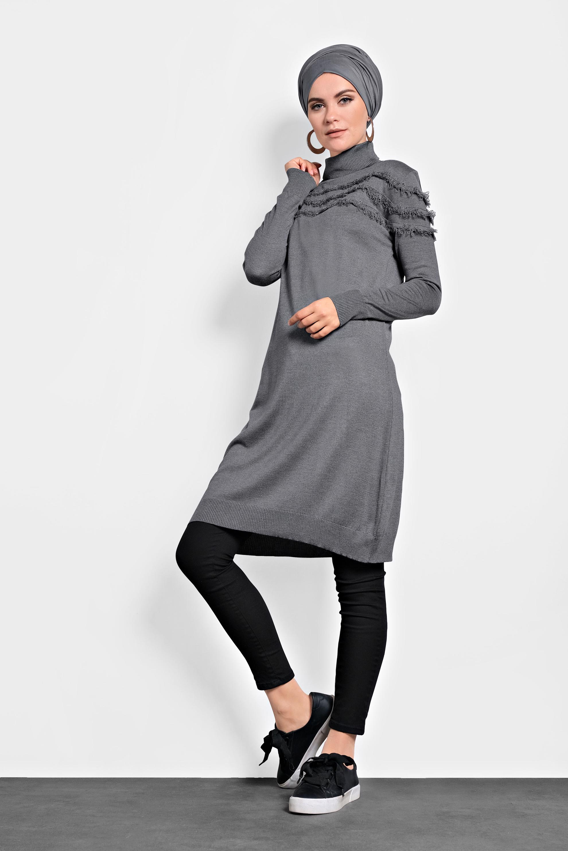 Tesettür giyim GRİ SAÇAKLI TRİKO TUNİK 40051