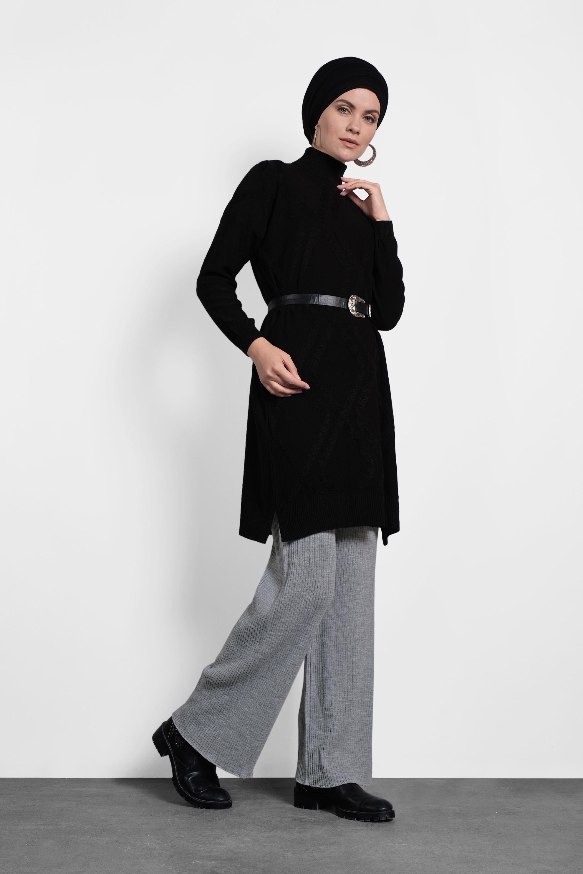 Tesettür giyim SİYAH BALIKÇI YAKA İNCE TRİKO TUNİK 40072