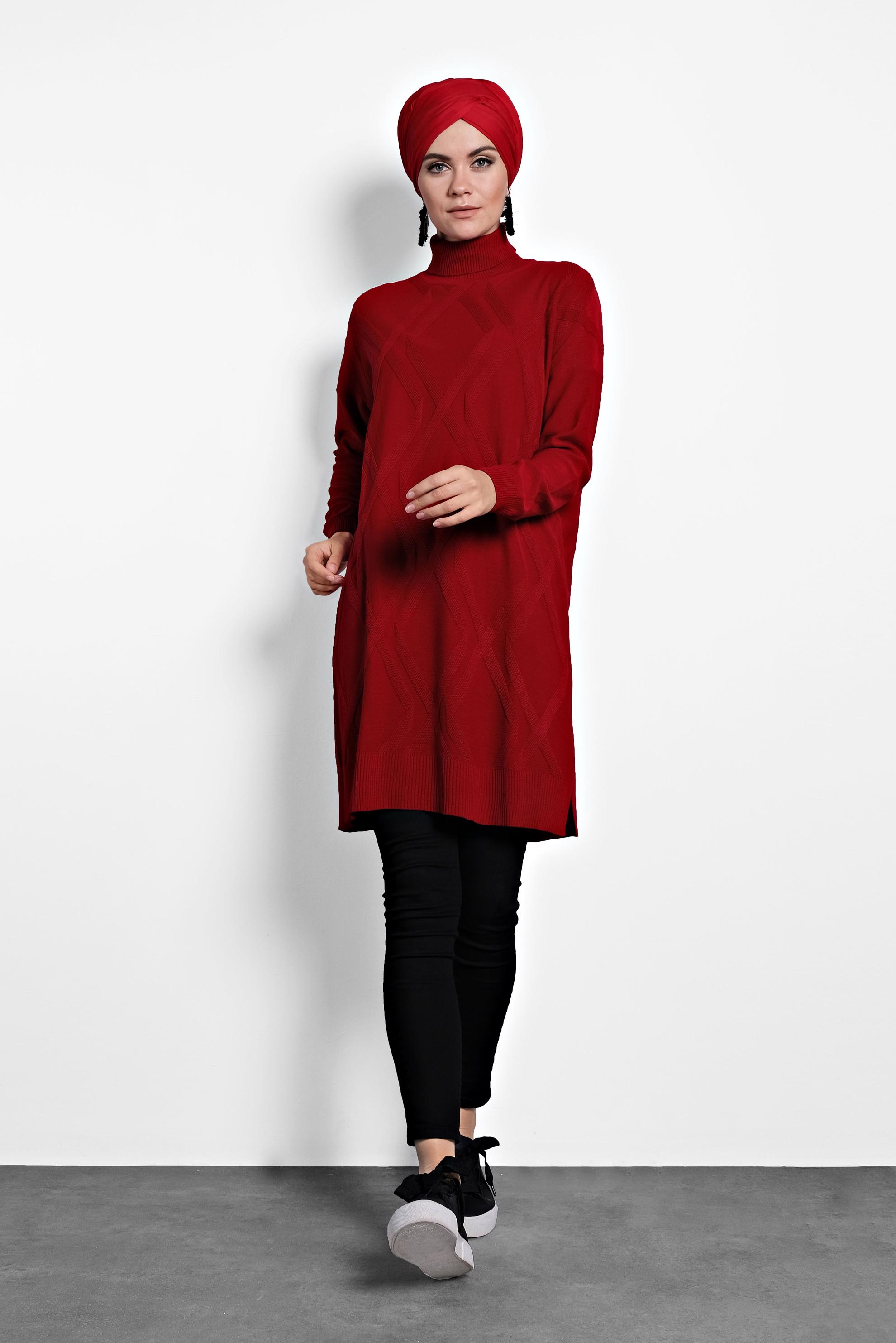 Tesettür giyim KIRMIZI BALIKÇI YAKA İNCE TRİKO TUNİK 40072