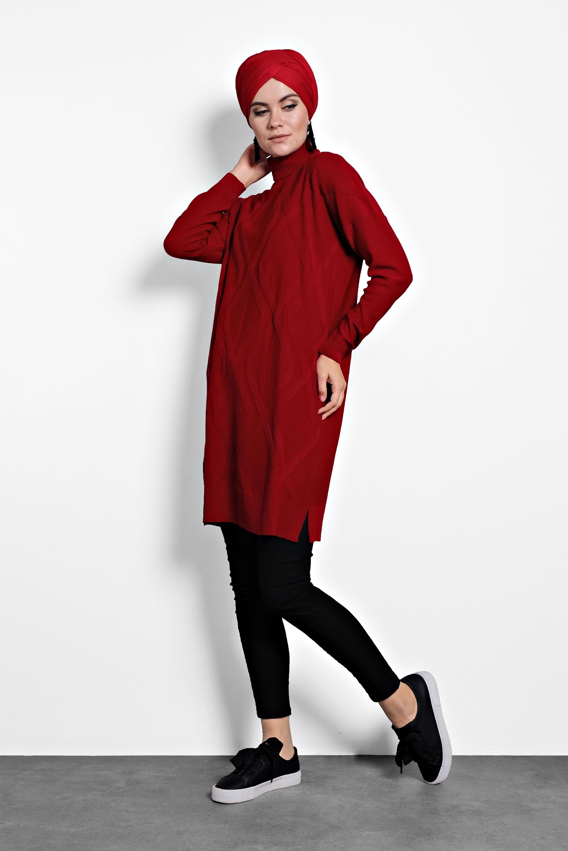 Tesettür giyim KIRMIZI BALIKÇI YAKA İNCE TRİKO TUNİK 40072
