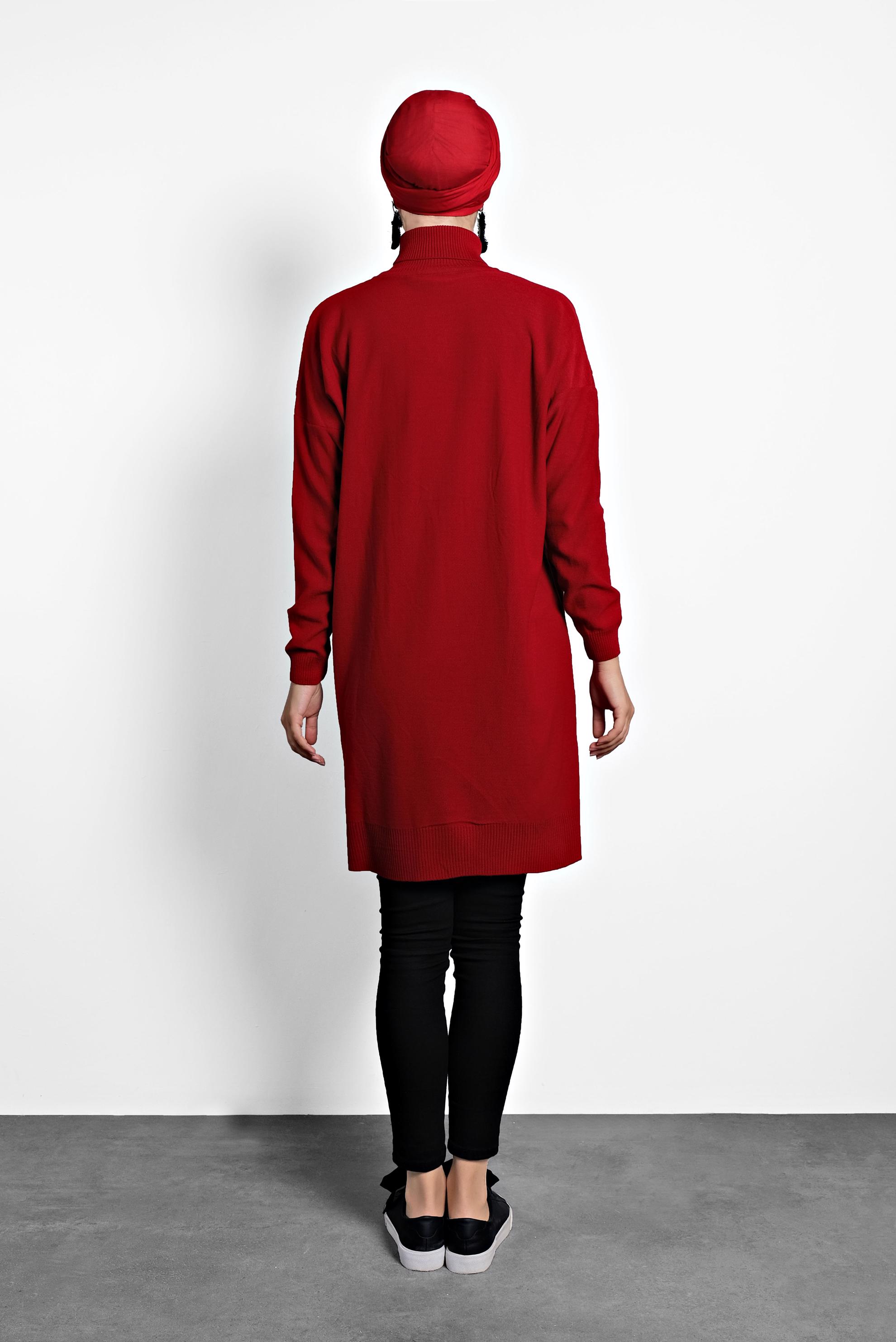 Tesettür giyim KIRMIZI BALIKÇI YAKA İNCE TRİKO TUNİK 40072