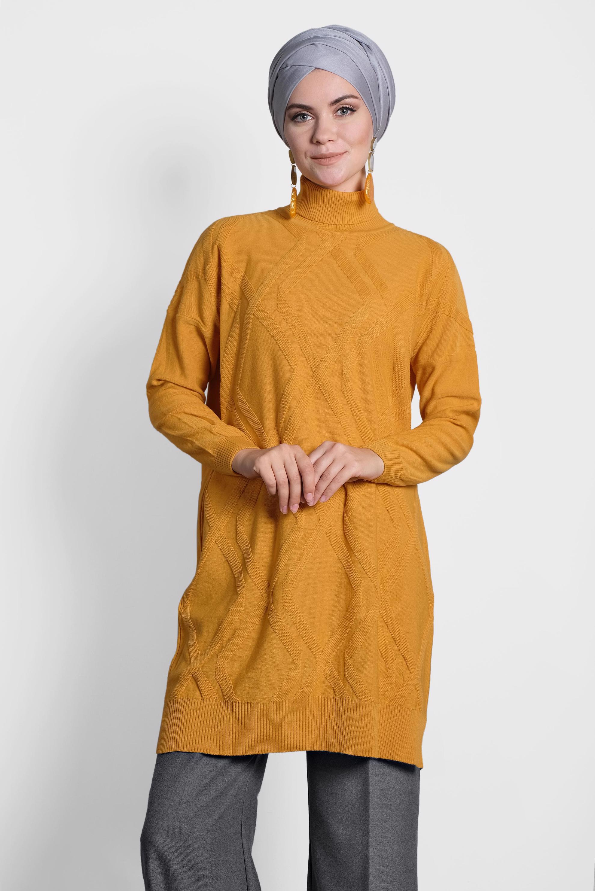 Tesettür giyim SARI BALIKÇI YAKA İNCE TRİKO TUNİK 40072