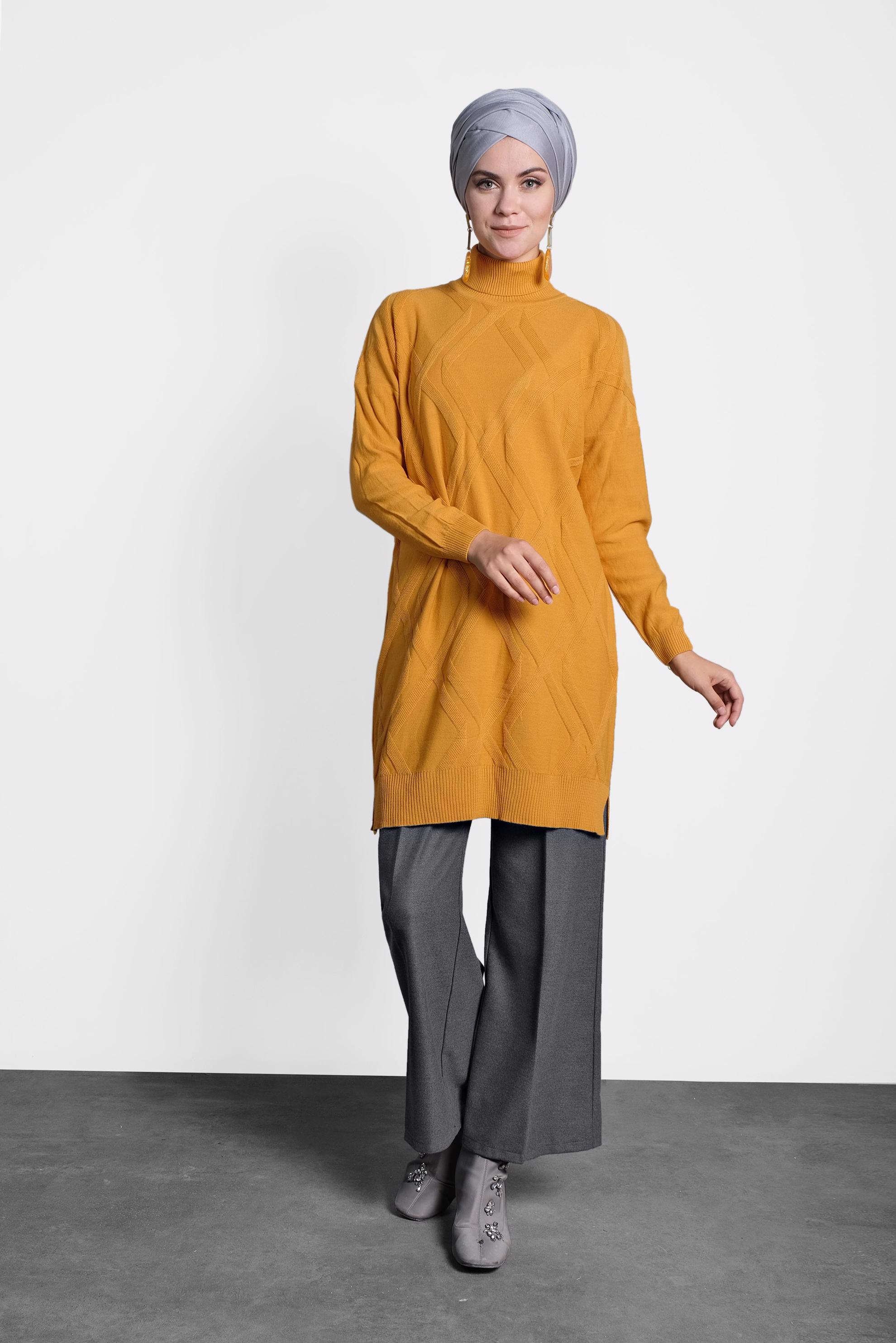 Tesettür giyim SARI BALIKÇI YAKA İNCE TRİKO TUNİK 40072