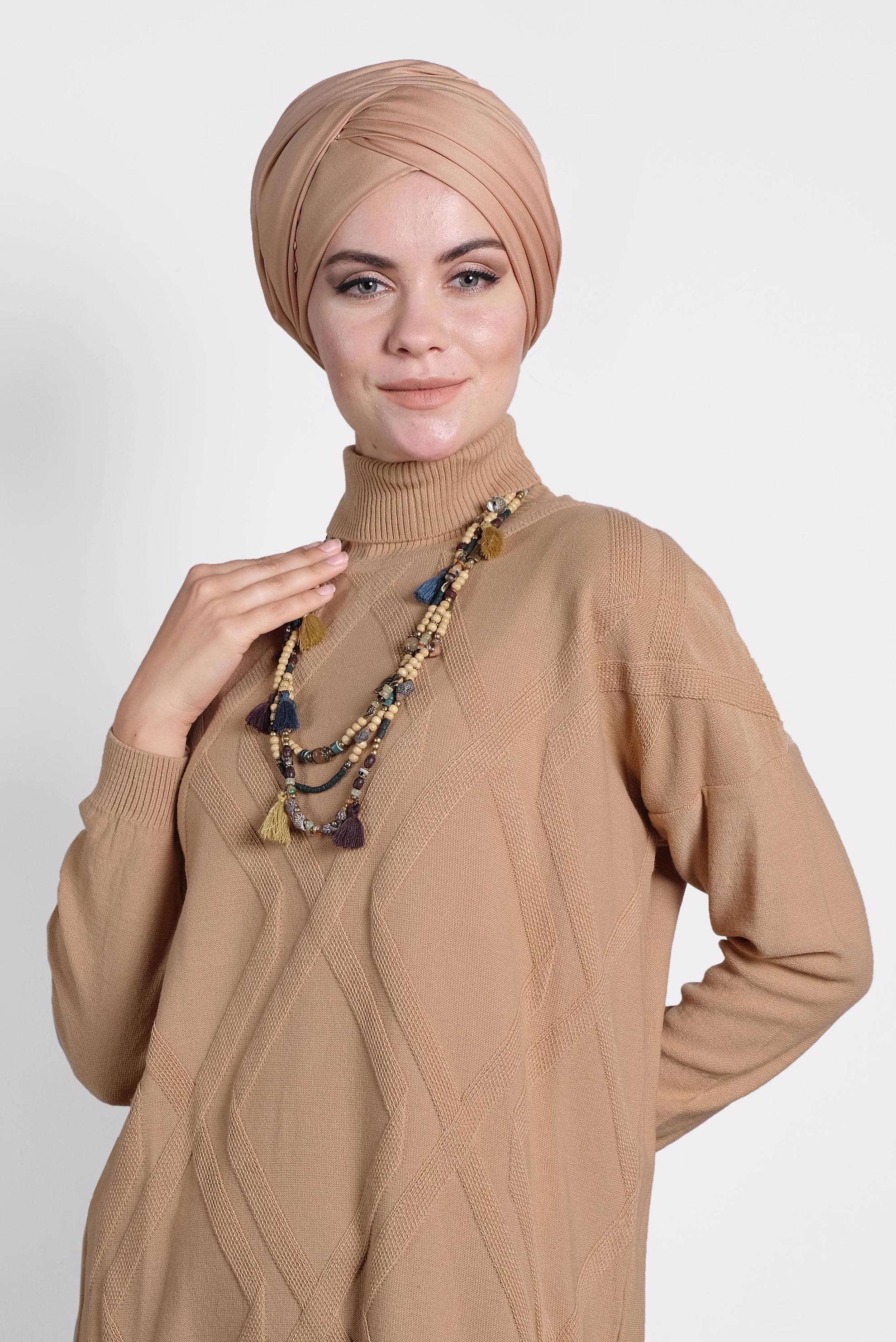 Tesettür giyim KAHVE BALIKÇI YAKA İNCE TRİKO TUNİK 40072