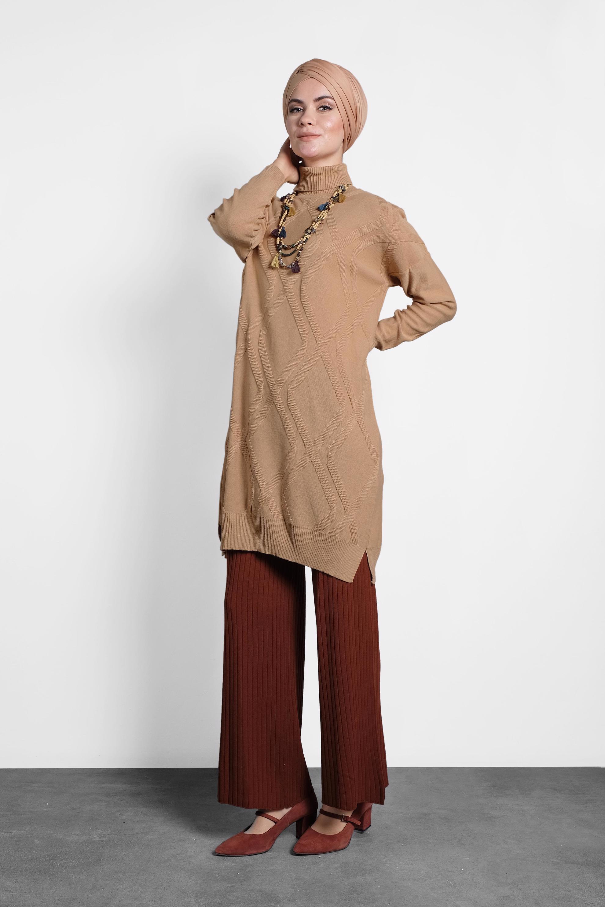 Tesettür giyim KAHVE BALIKÇI YAKA İNCE TRİKO TUNİK 40072