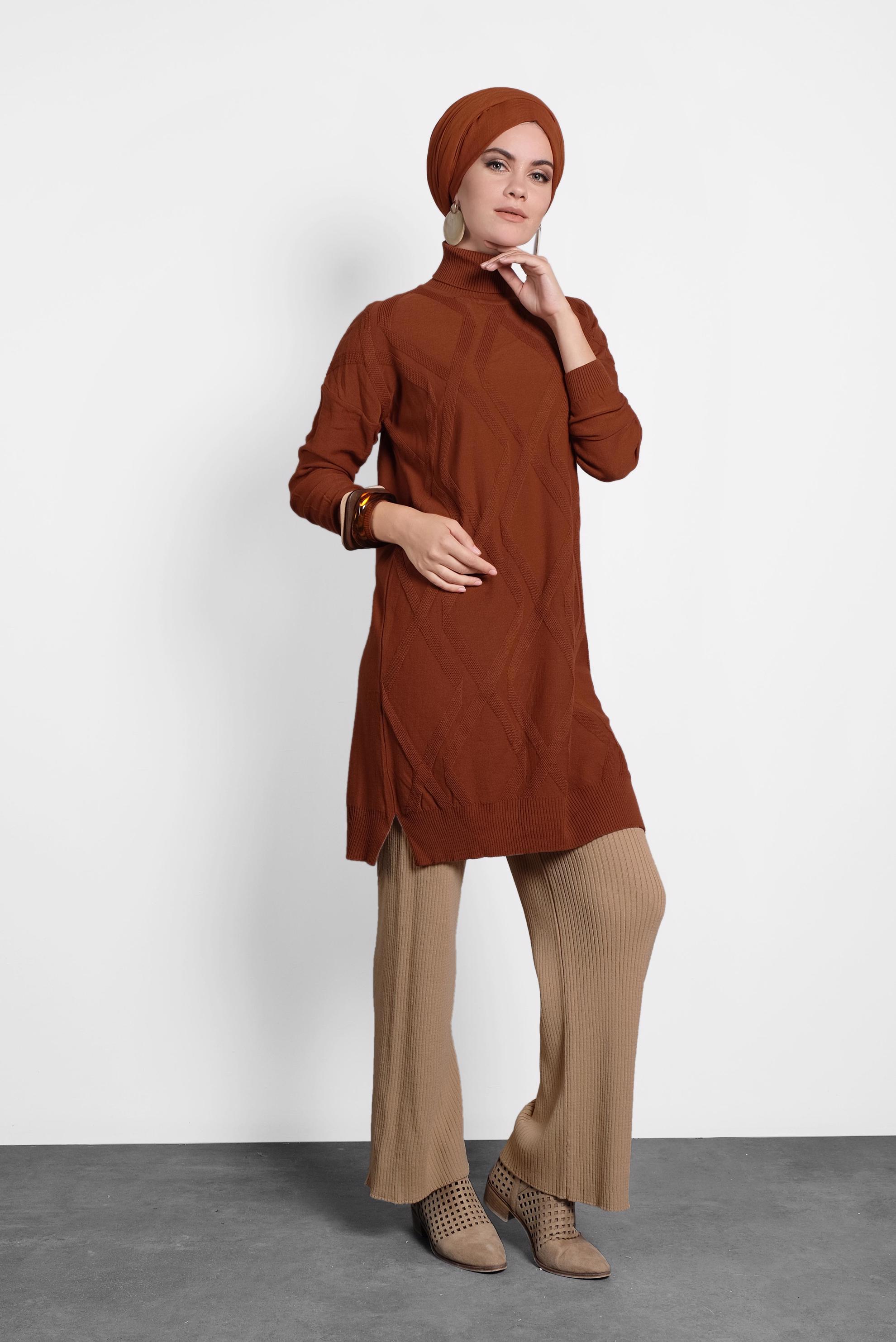 Tesettür giyim TURUNCU BALIKÇI YAKA İNCE TRİKO TUNİK 40072