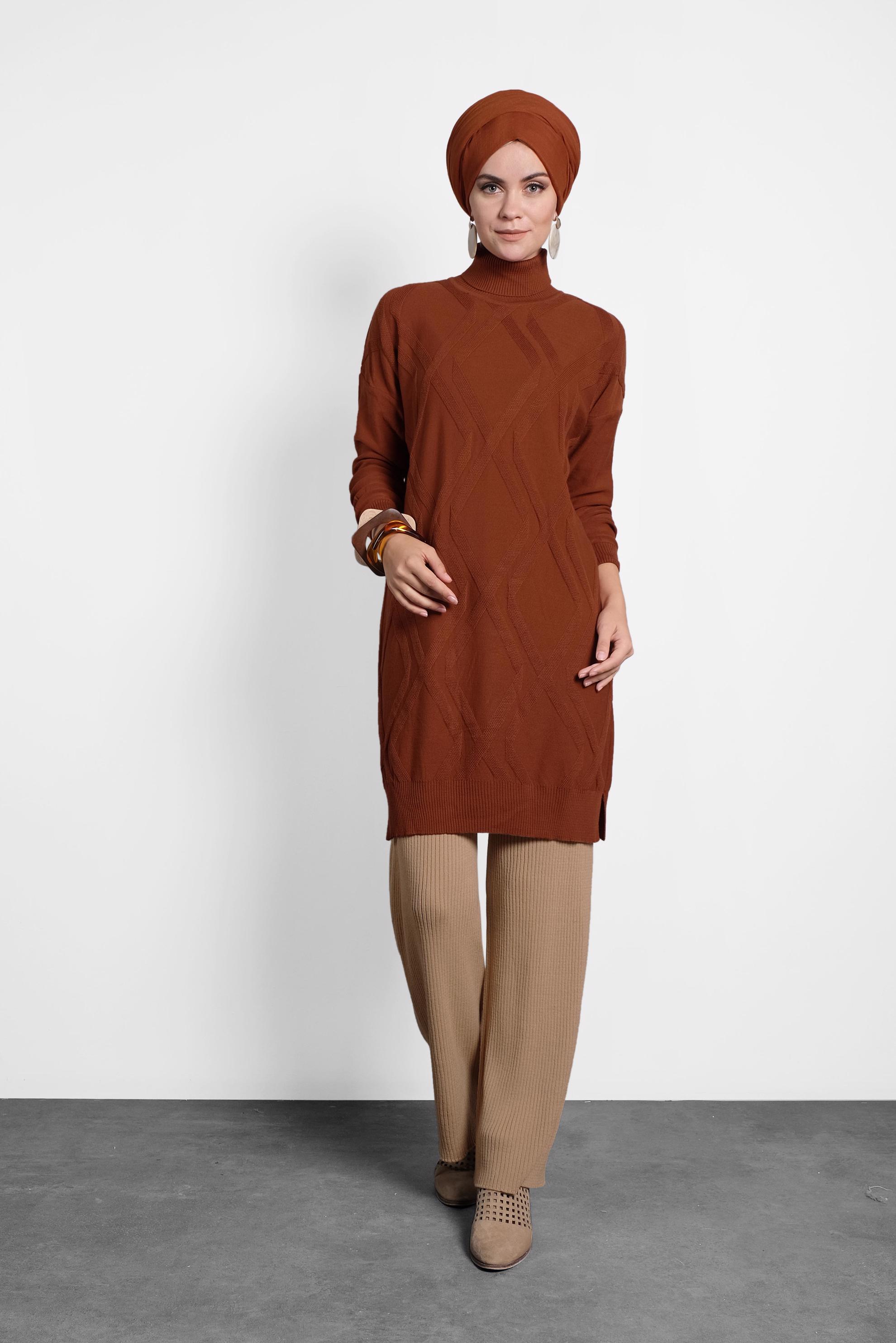 Tesettür giyim TURUNCU BALIKÇI YAKA İNCE TRİKO TUNİK 40072