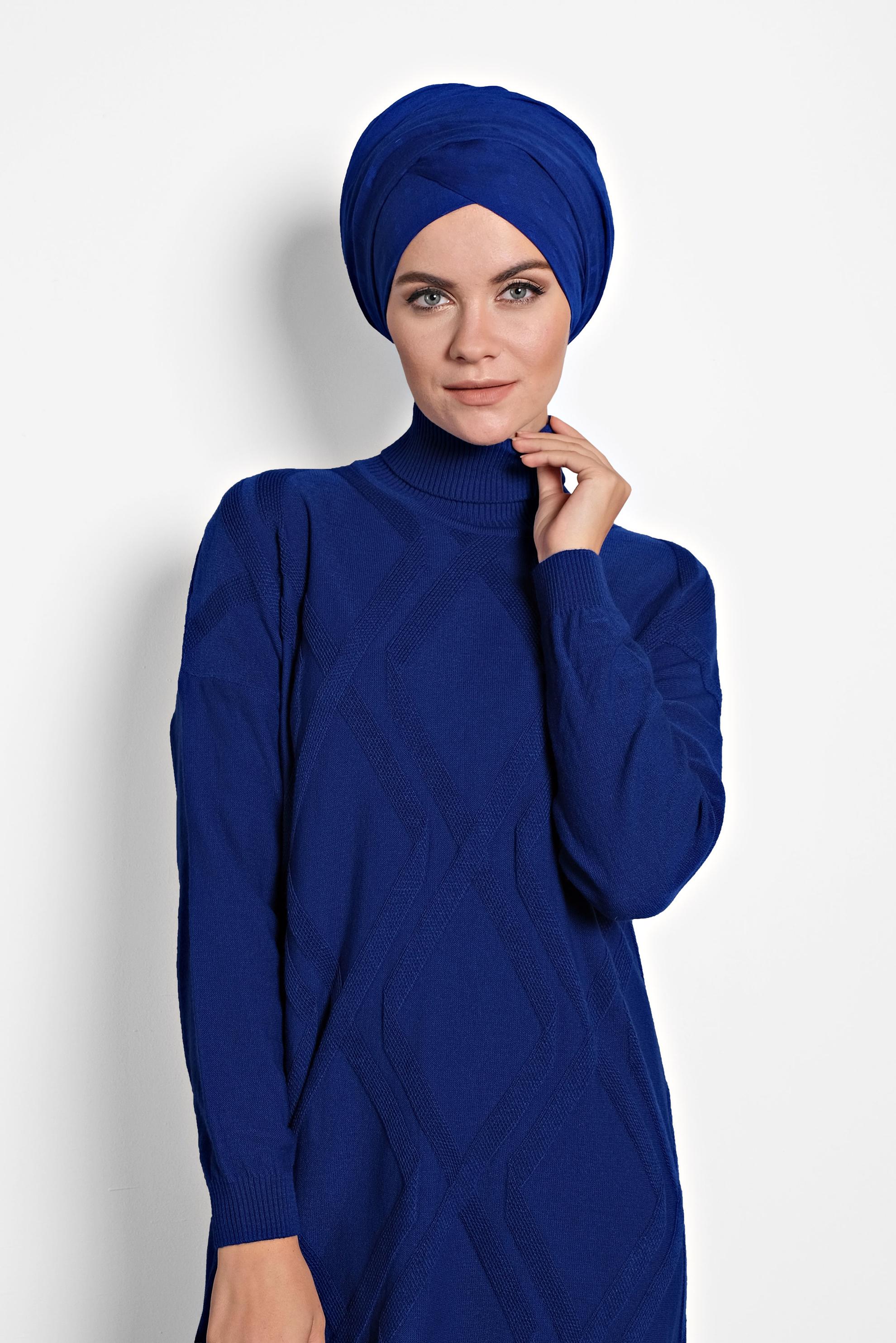 Tesettür giyim LACİVERT BALIKÇI YAKA İNCE TRİKO TUNİK 40072