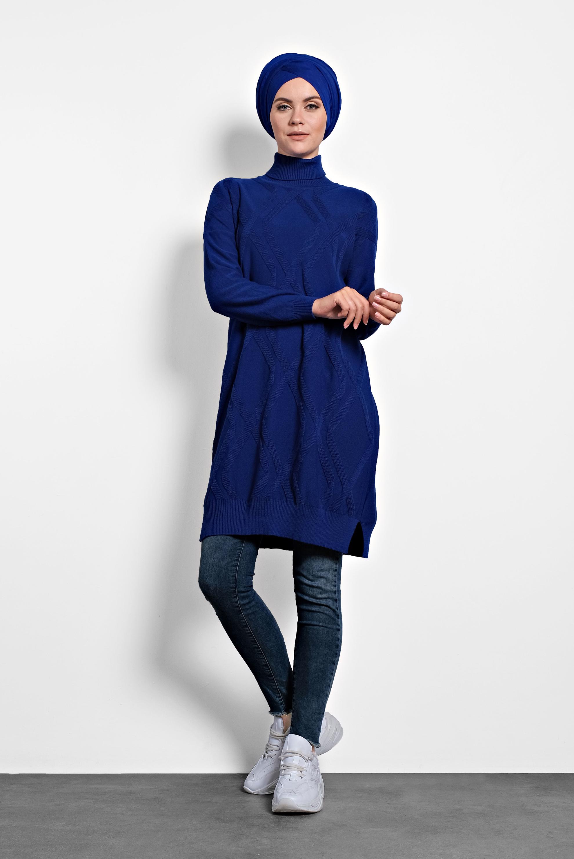 Tesettür giyim LACİVERT BALIKÇI YAKA İNCE TRİKO TUNİK 40072